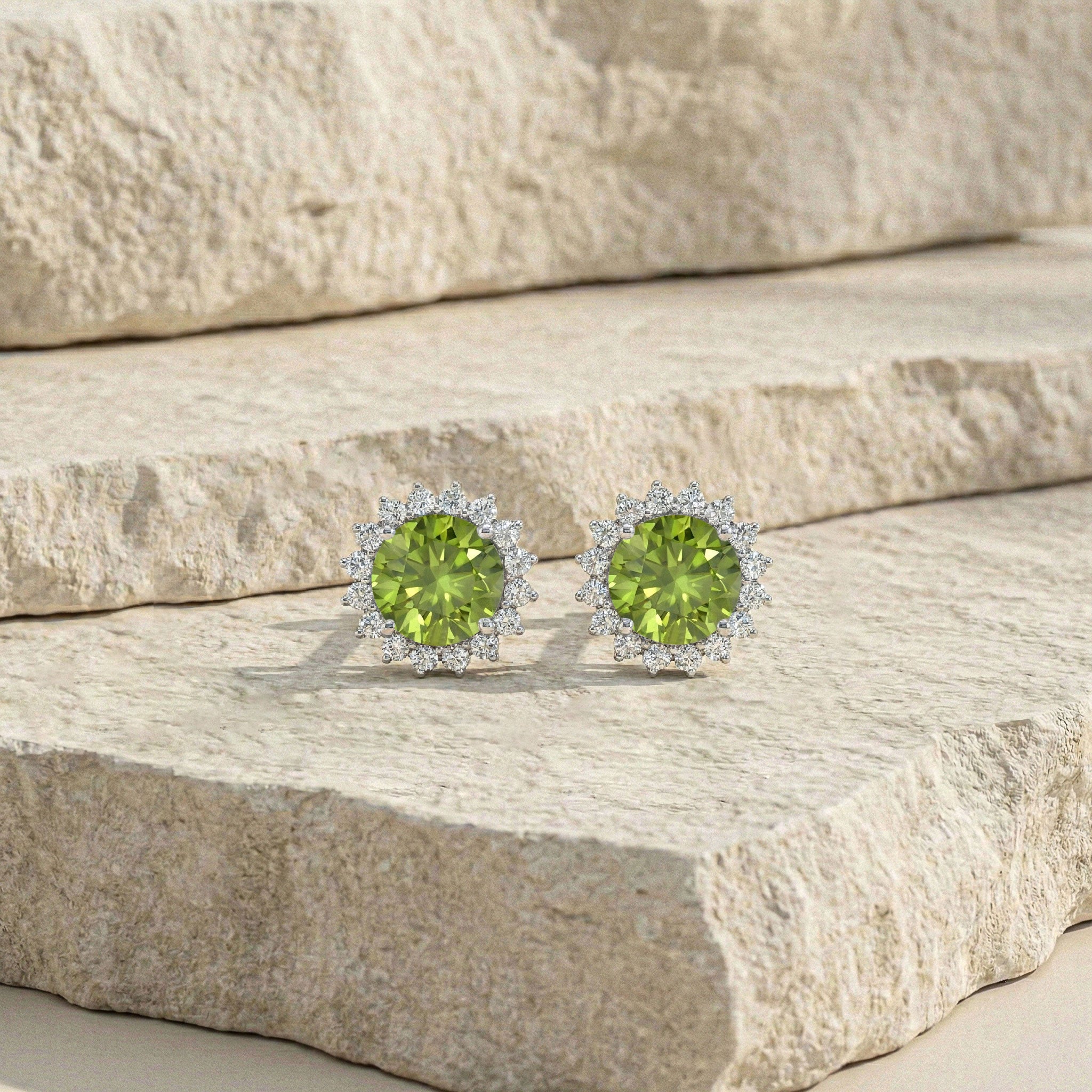 Peridot Round Halo Stud Earrings in 925 Sterling Silver 5 MM 1.3ct