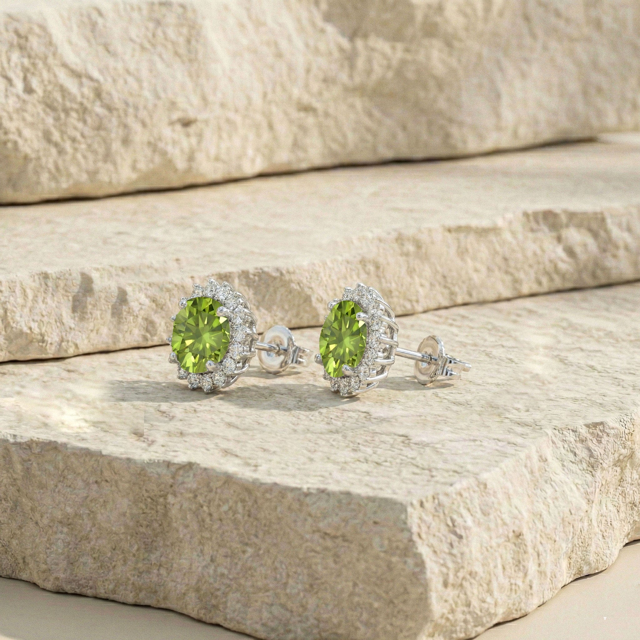 Peridot Round Halo Stud Earrings in 925 Sterling Silver 5 MM 1.3ct