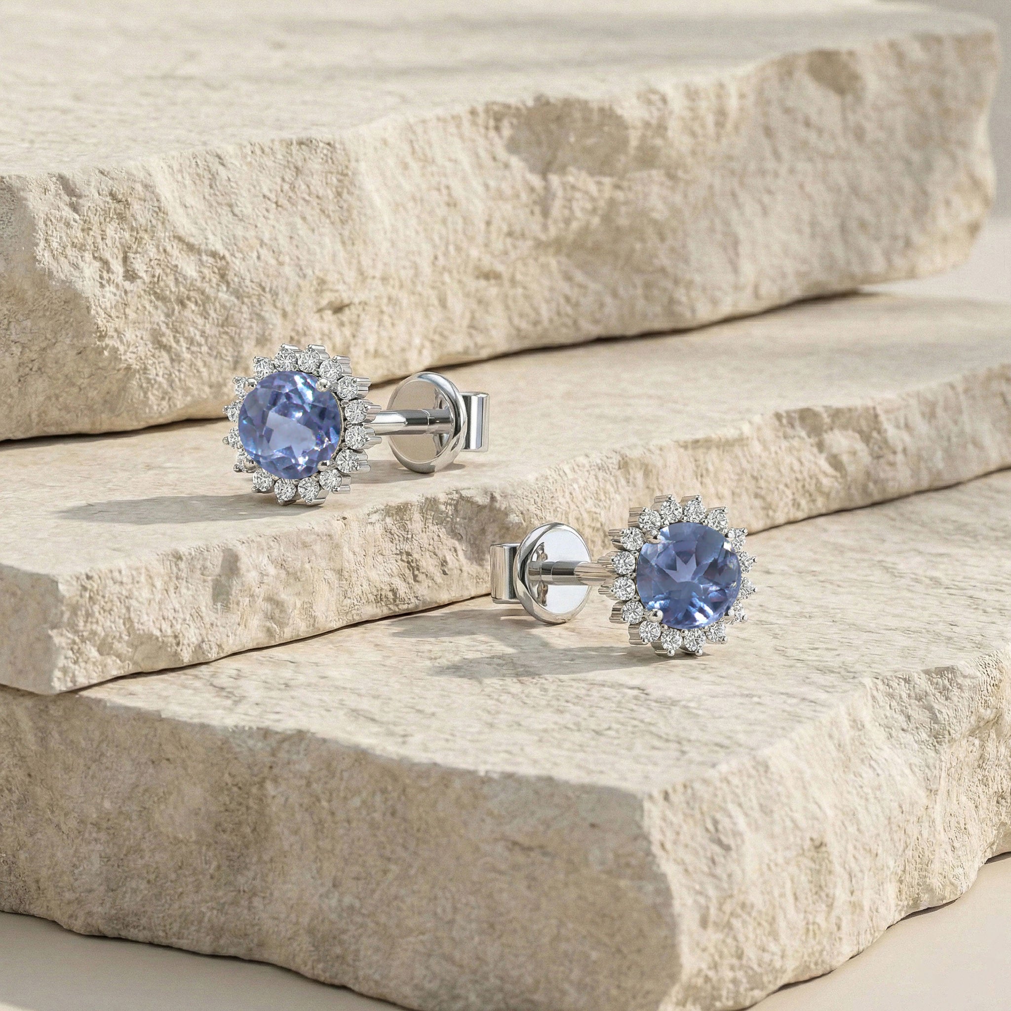 Alexandrite Round Halo Stud Earrings in 925 Sterling Silver 5 MM 1.3ct
