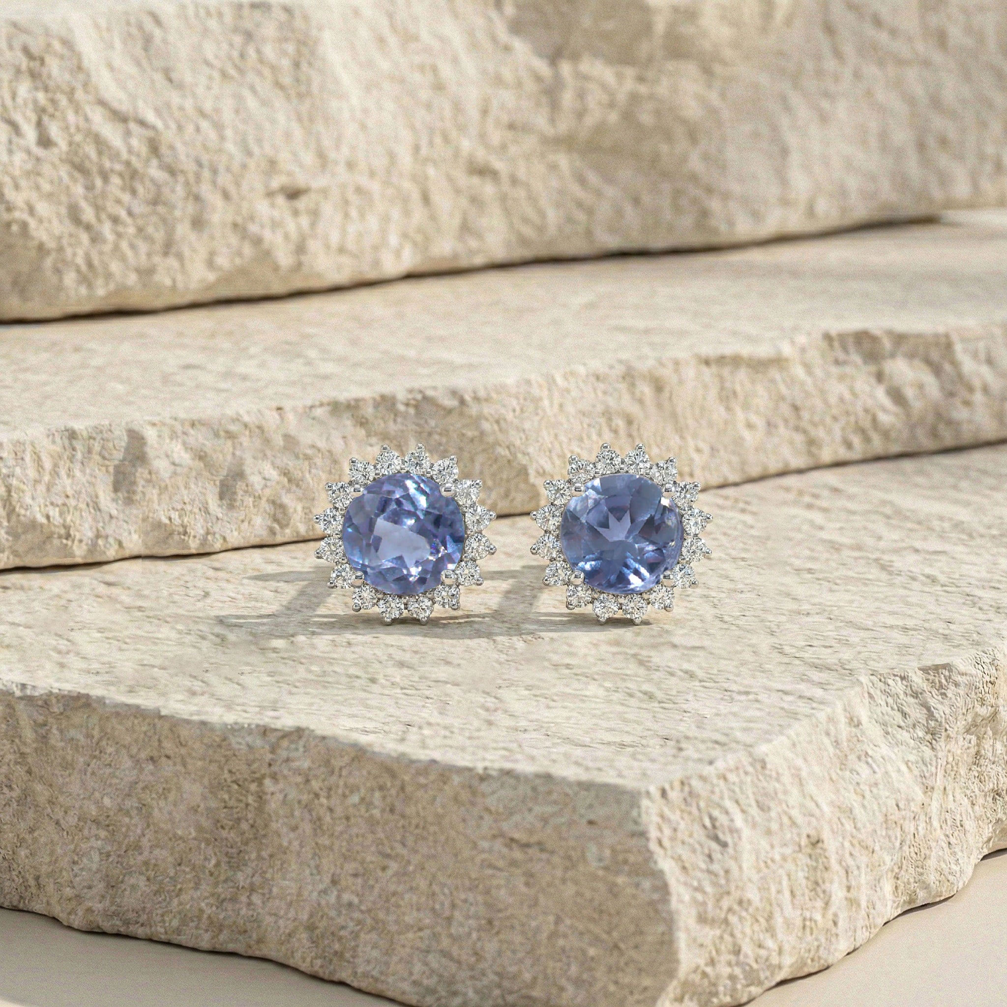 Alexandrite Round Halo Stud Earrings in 925 Sterling Silver 5 MM 1.3ct