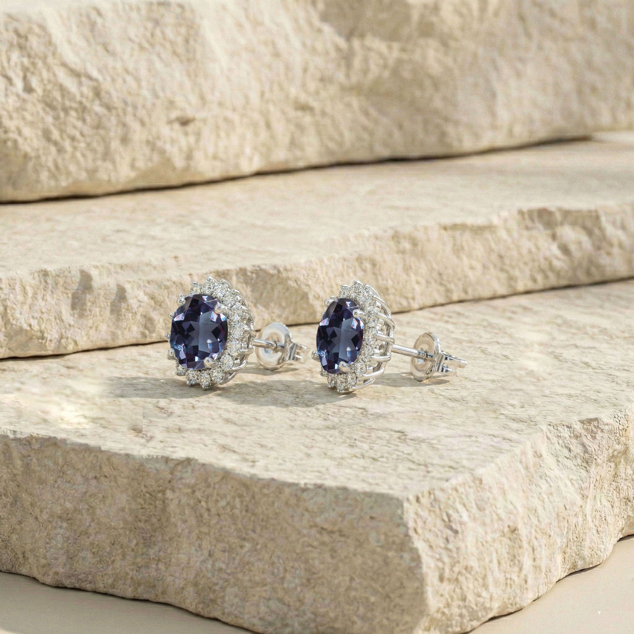 Alexandrite Round Halo Stud Earrings in 925 Sterling Silver 5 MM 1.3ct