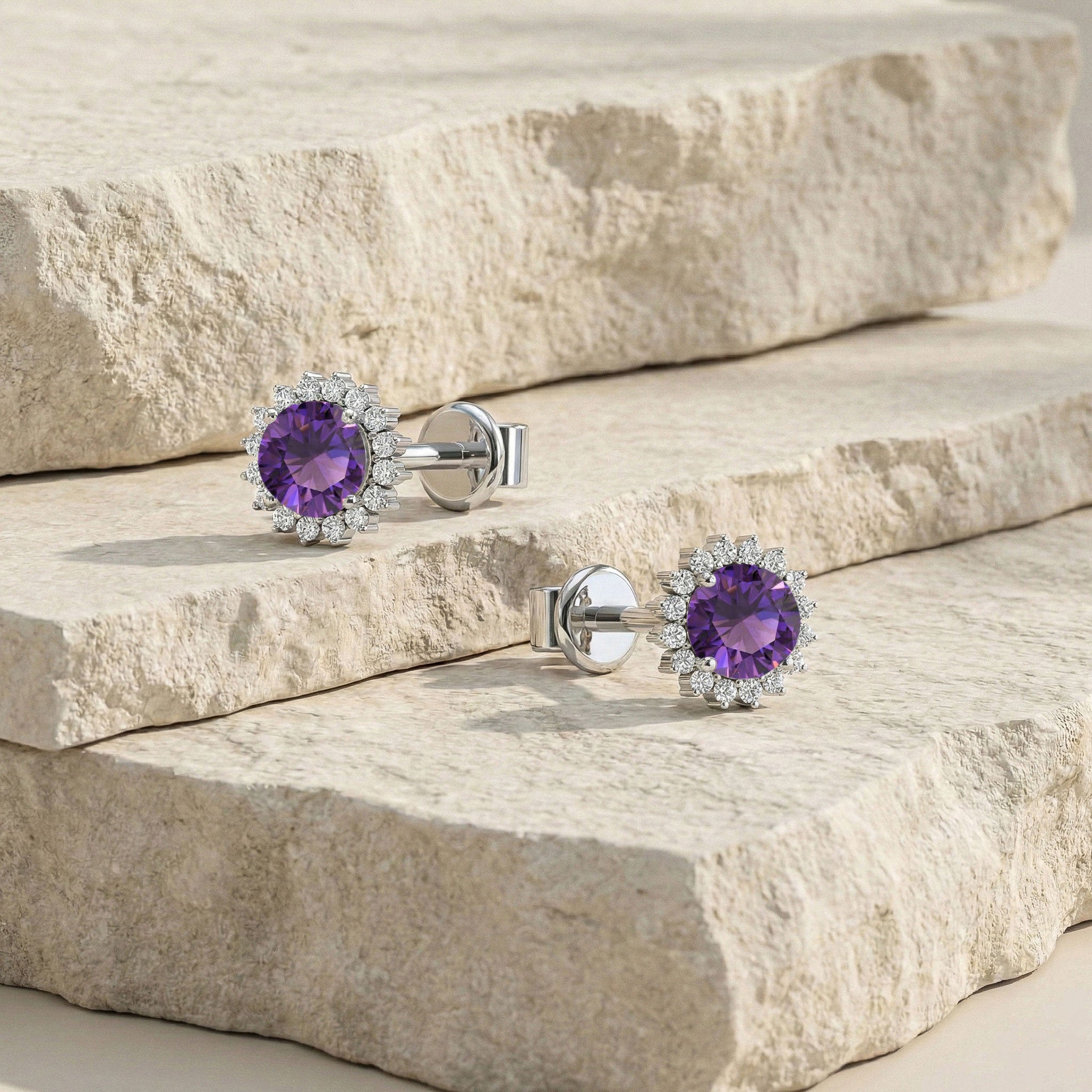 Amethyst Round Halo Stud Earrings in 925 Sterling Silver 5 MM 1.3ct