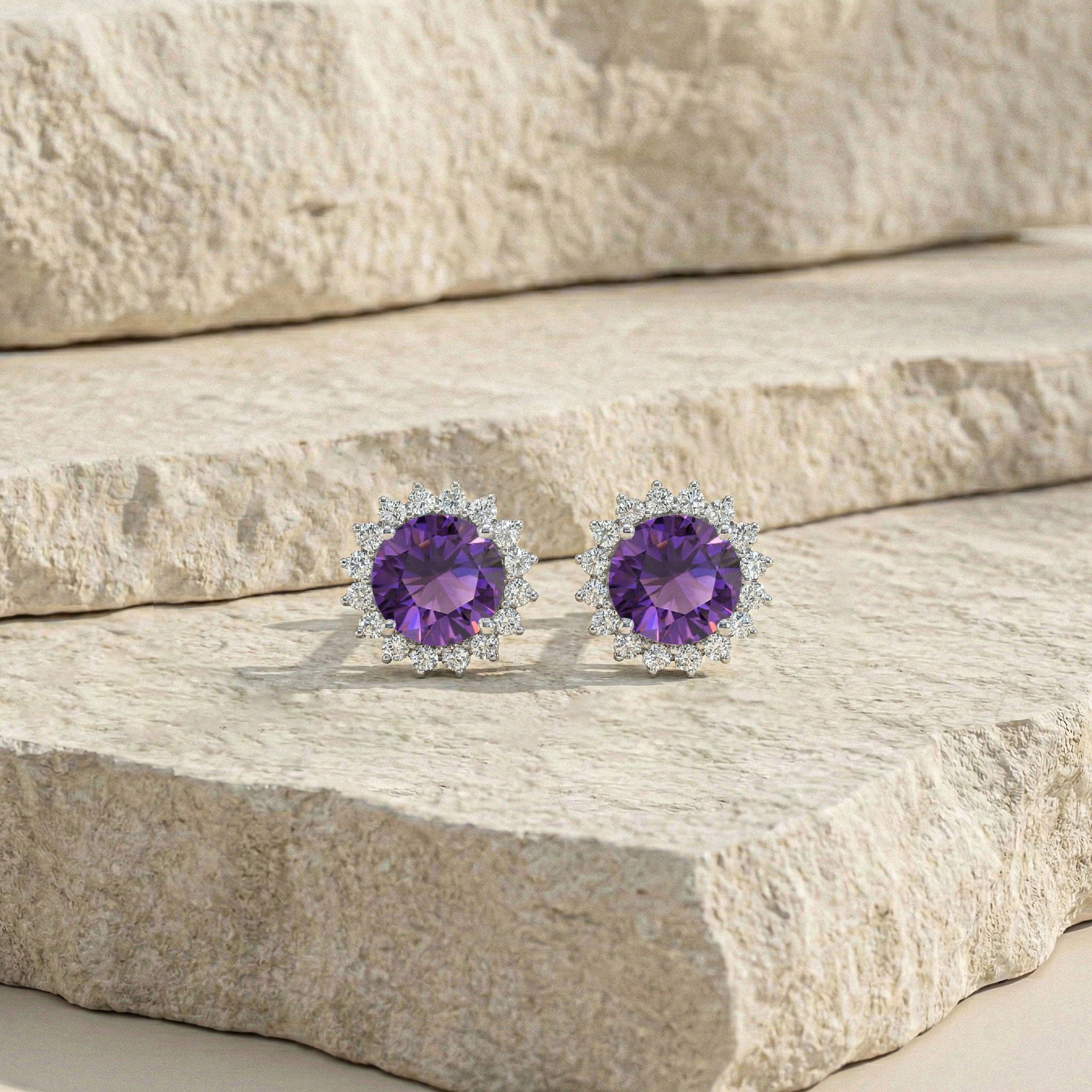 Amethyst Round Halo Stud Earrings in 925 Sterling Silver 5 MM 1.3ct