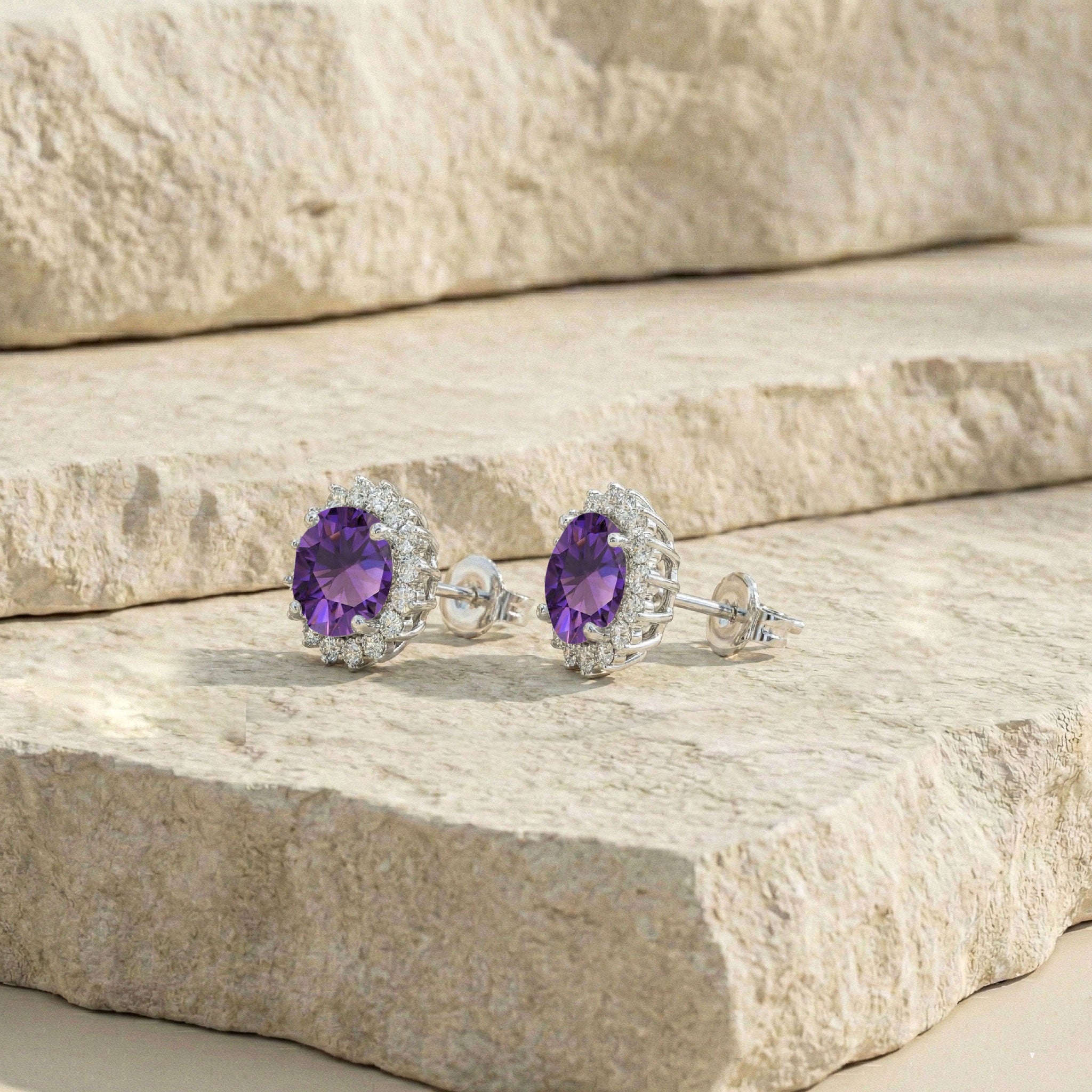 Amethyst Round Halo Stud Earrings in 925 Sterling Silver 5 MM 1.3ct