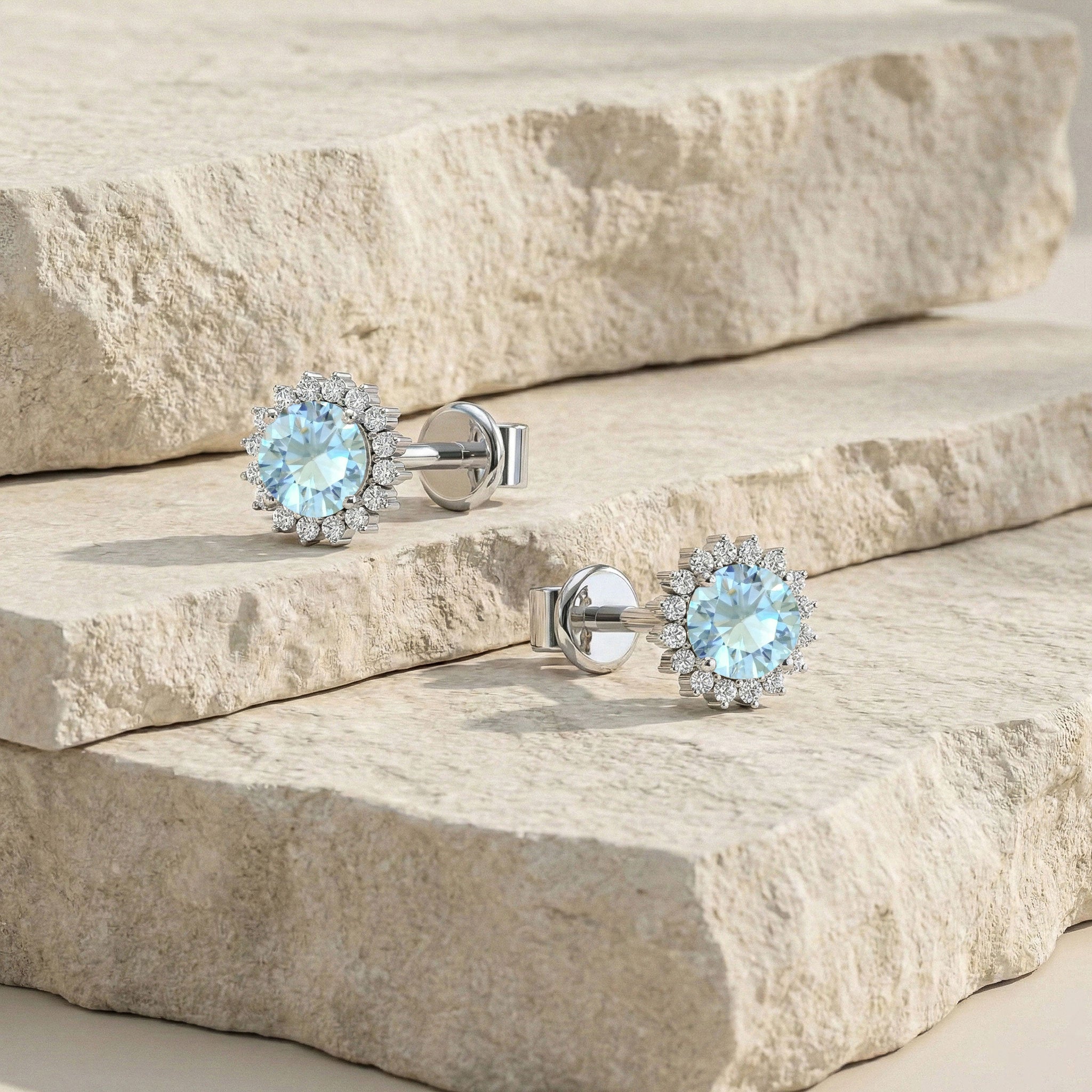 Aquamarine Round Halo Stud Earrings in 925 Sterling Silver 5 MM 1.3ct