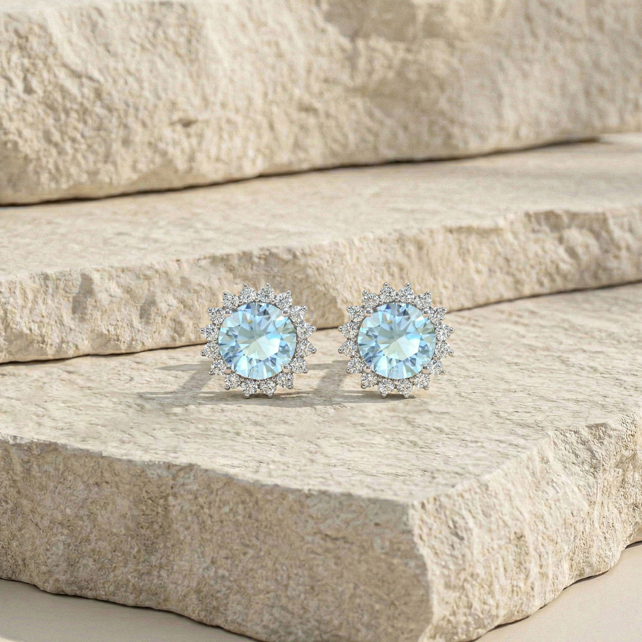 Aquamarine Round Halo Stud Earrings in 925 Sterling Silver 5 MM 1.3ct
