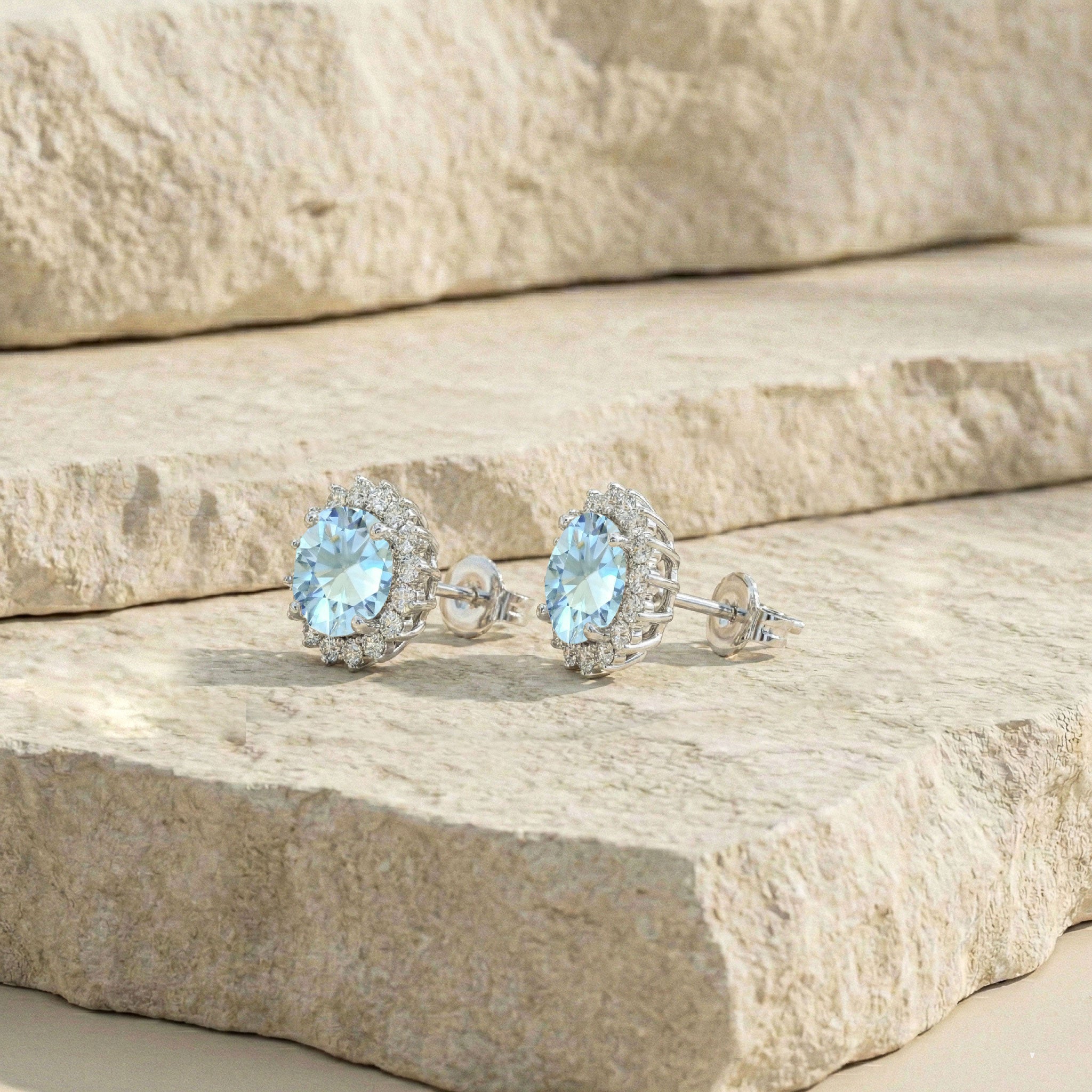Aquamarine Round Halo Stud Earrings in 925 Sterling Silver 5 MM 1.3ct