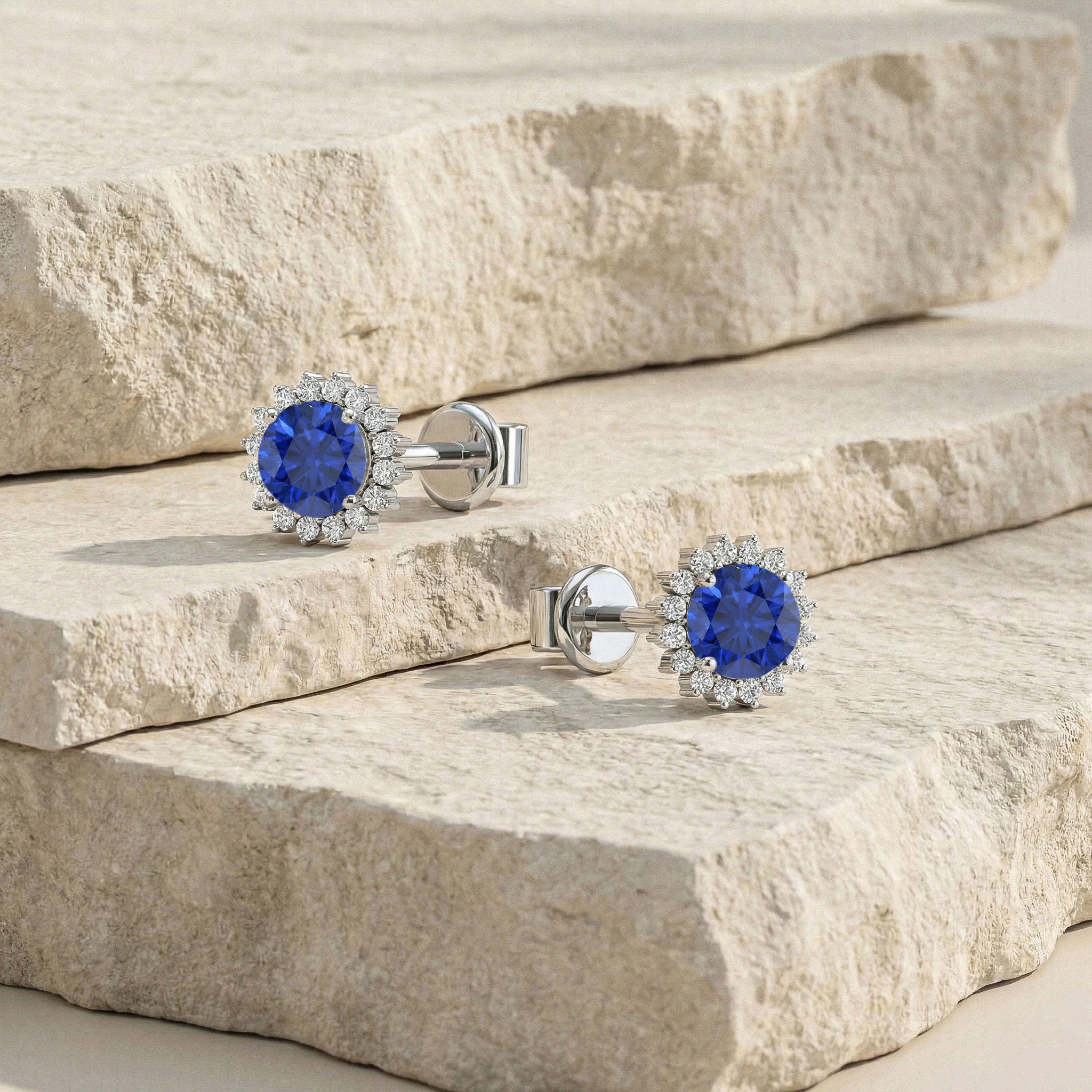 Blue Sapphire Round Halo Stud Earrings in 925 Sterling Silver 5 MM 1.3ct