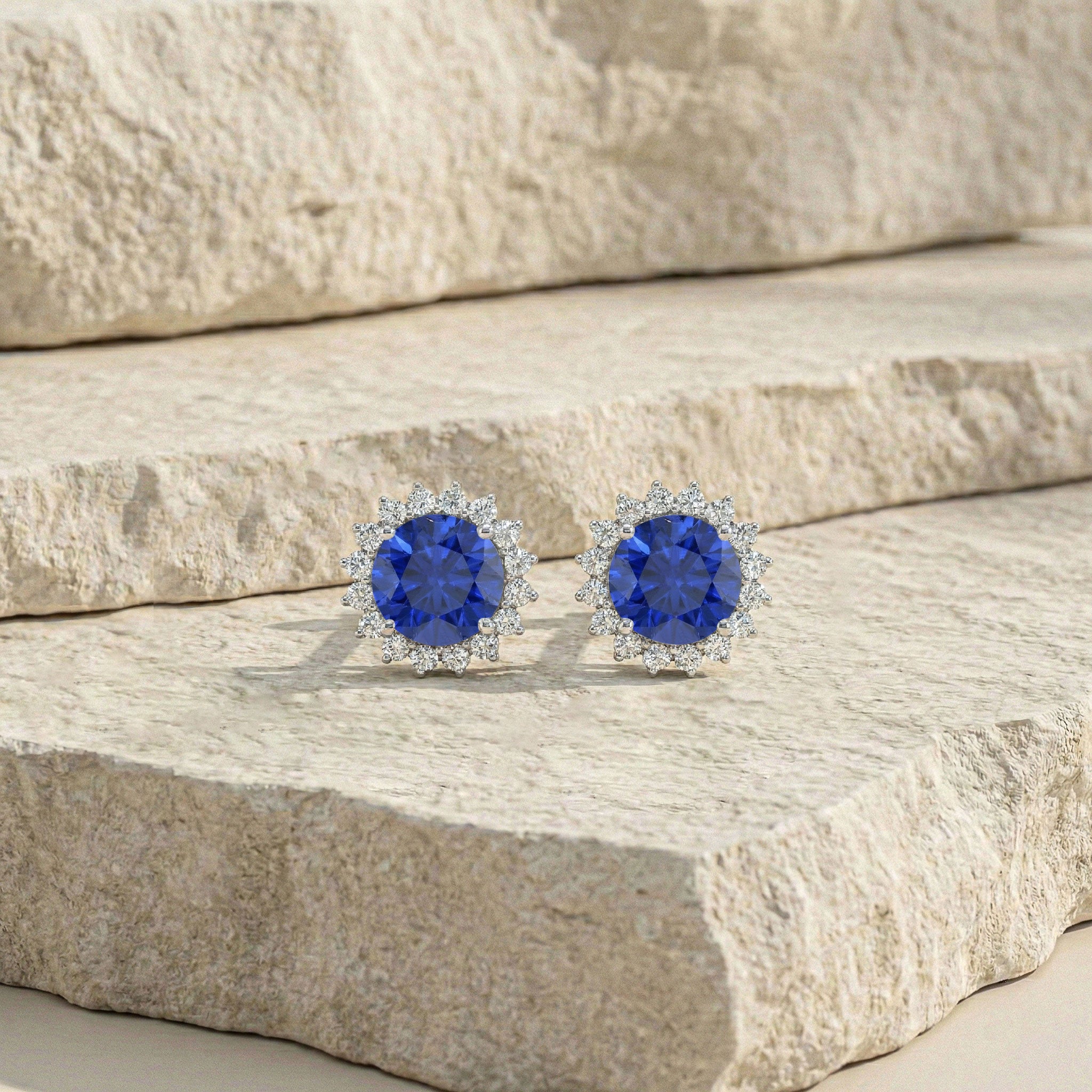 Blue Sapphire Round Halo Stud Earrings in 925 Sterling Silver 5 MM 1.3ct