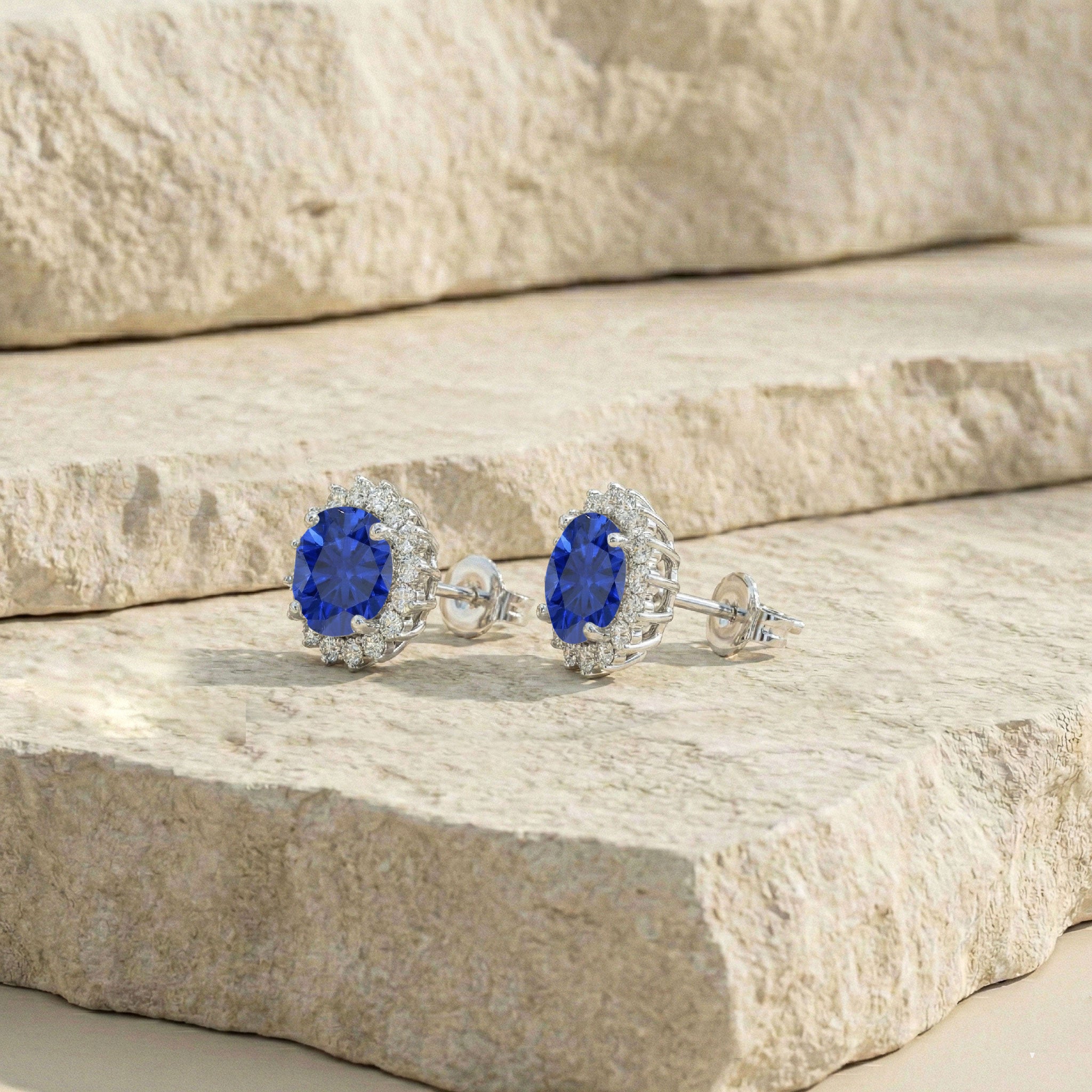 Blue Sapphire Round Halo Stud Earrings in 925 Sterling Silver 5 MM 1.3ct