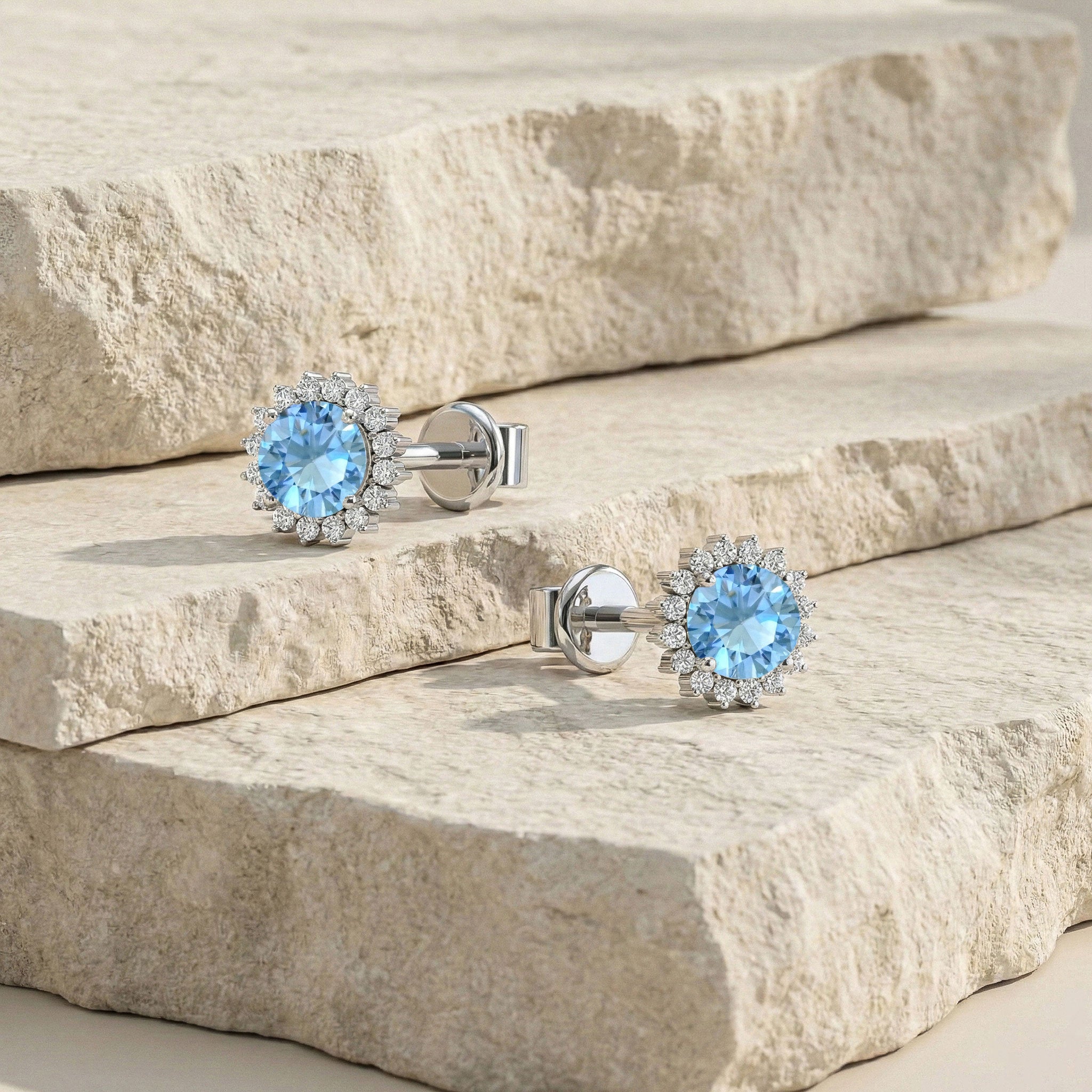 Blue Topaz Round Halo Stud Earrings in 925 Sterling Silver 5 MM 1.3ct