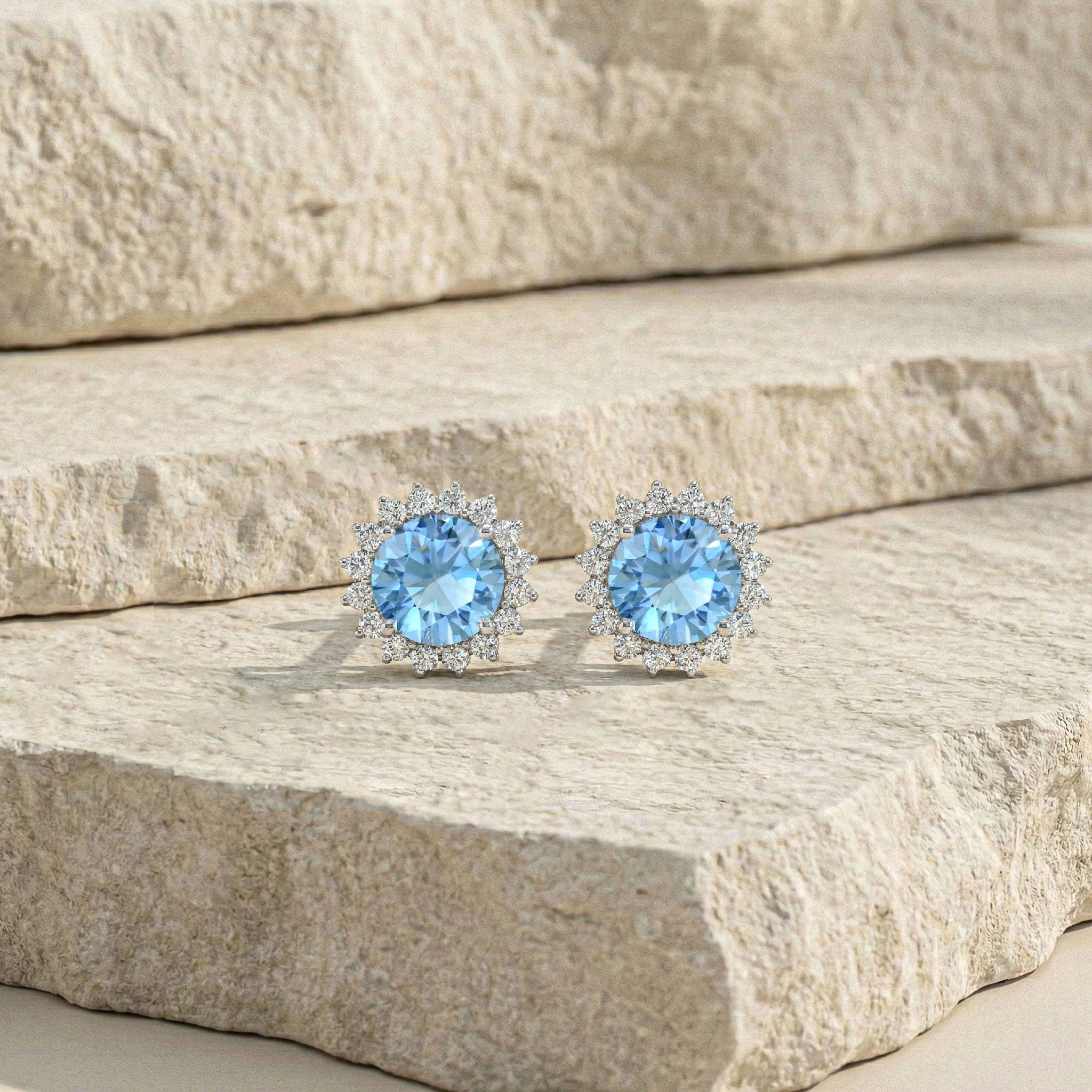 Blue Topaz Round Halo Stud Earrings in 925 Sterling Silver 5 MM 1.3ct