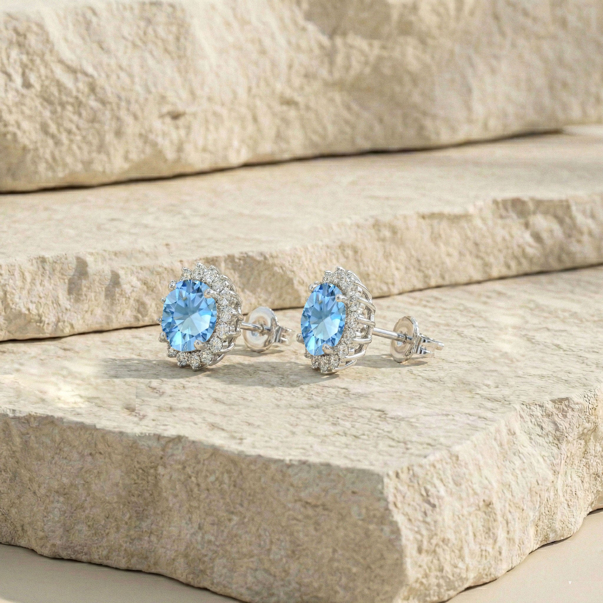 Blue Topaz Round Halo Stud Earrings in 925 Sterling Silver 5 MM 1.3ct