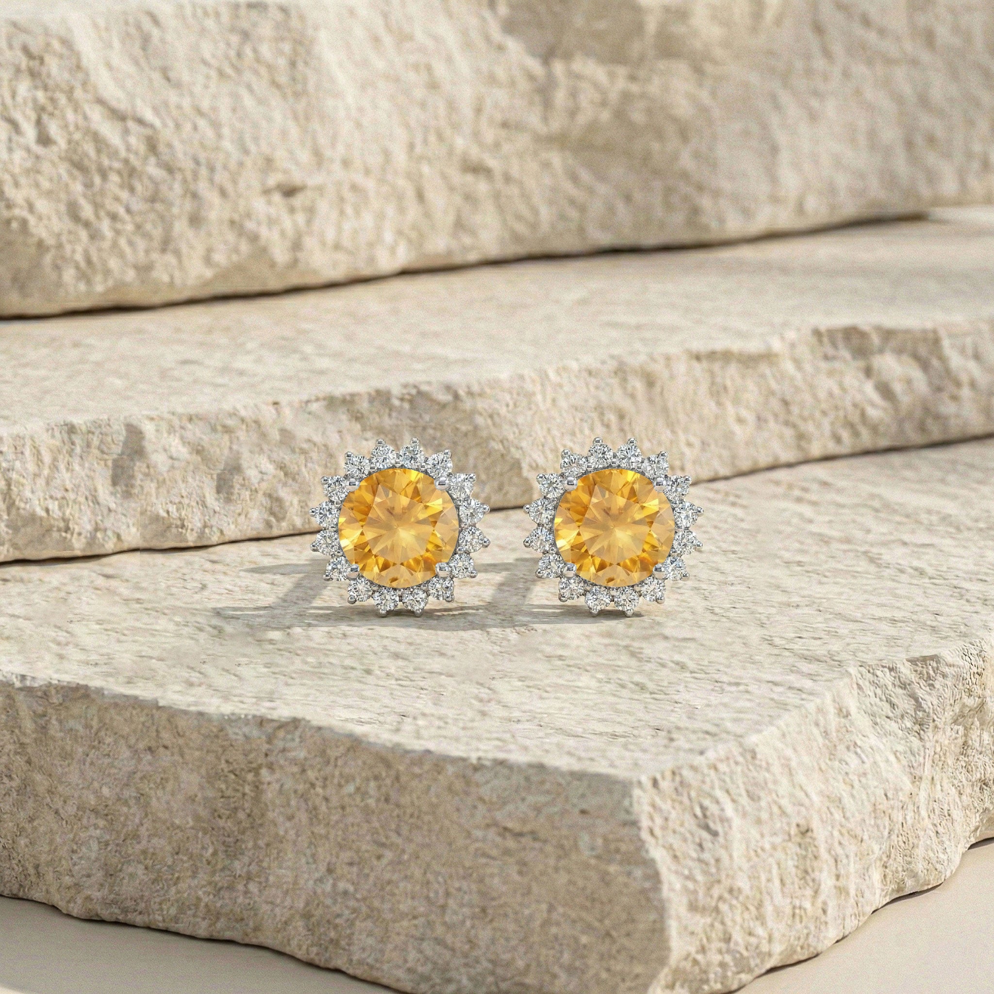 Citrine Round Halo Stud Earrings in 925 Sterling Silver 5 MM 1.3ct