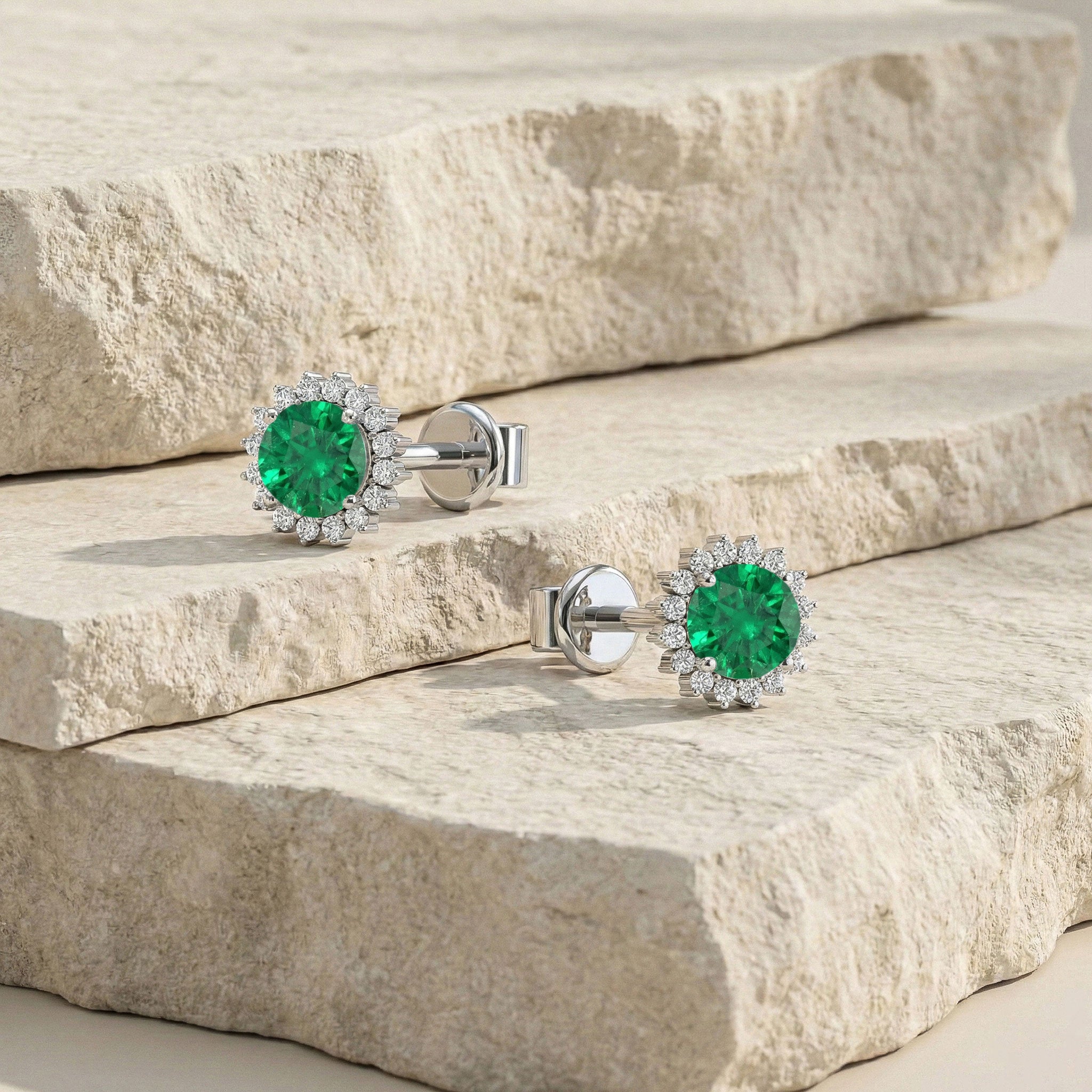 Emerald Round Halo Stud Earrings in 925 Sterling Silver 5 MM 1.3ct