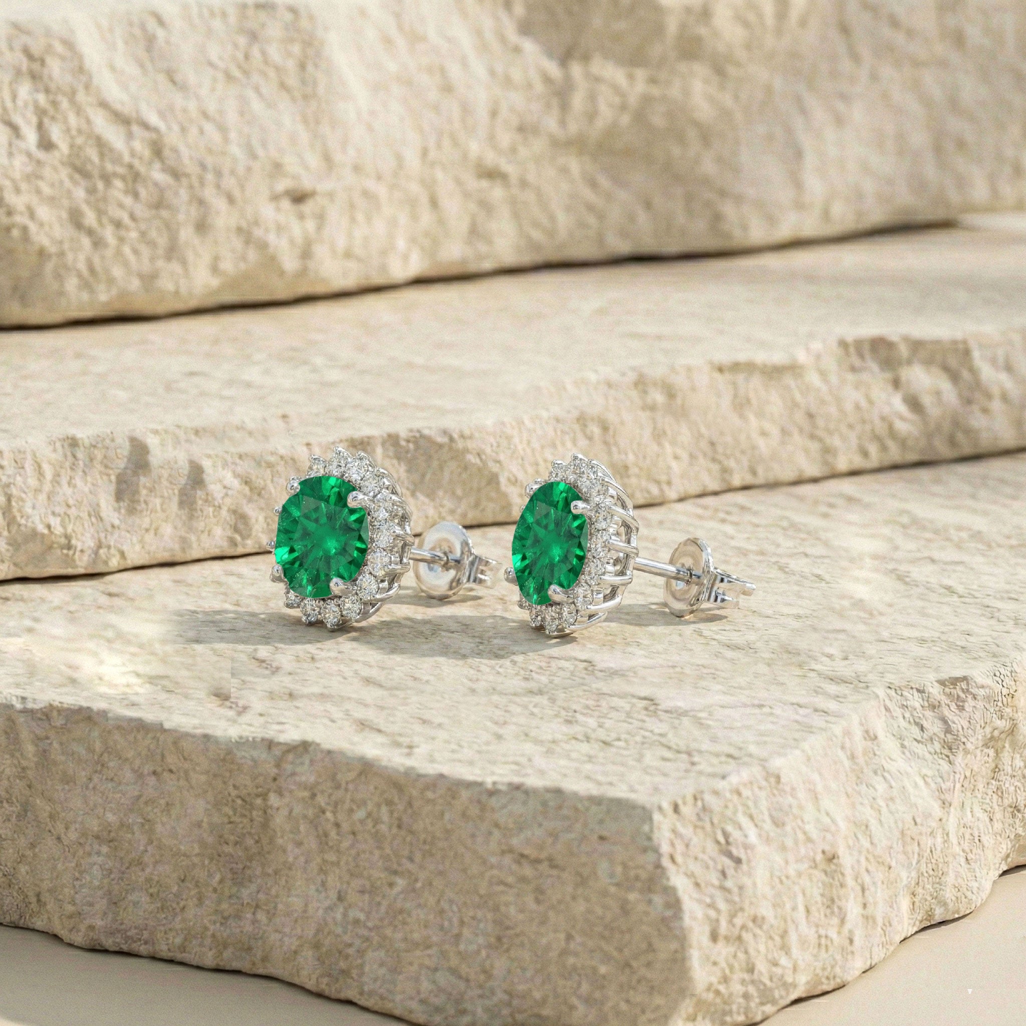 Emerald Round Halo Stud Earrings in 925 Sterling Silver 5 MM 1.3ct
