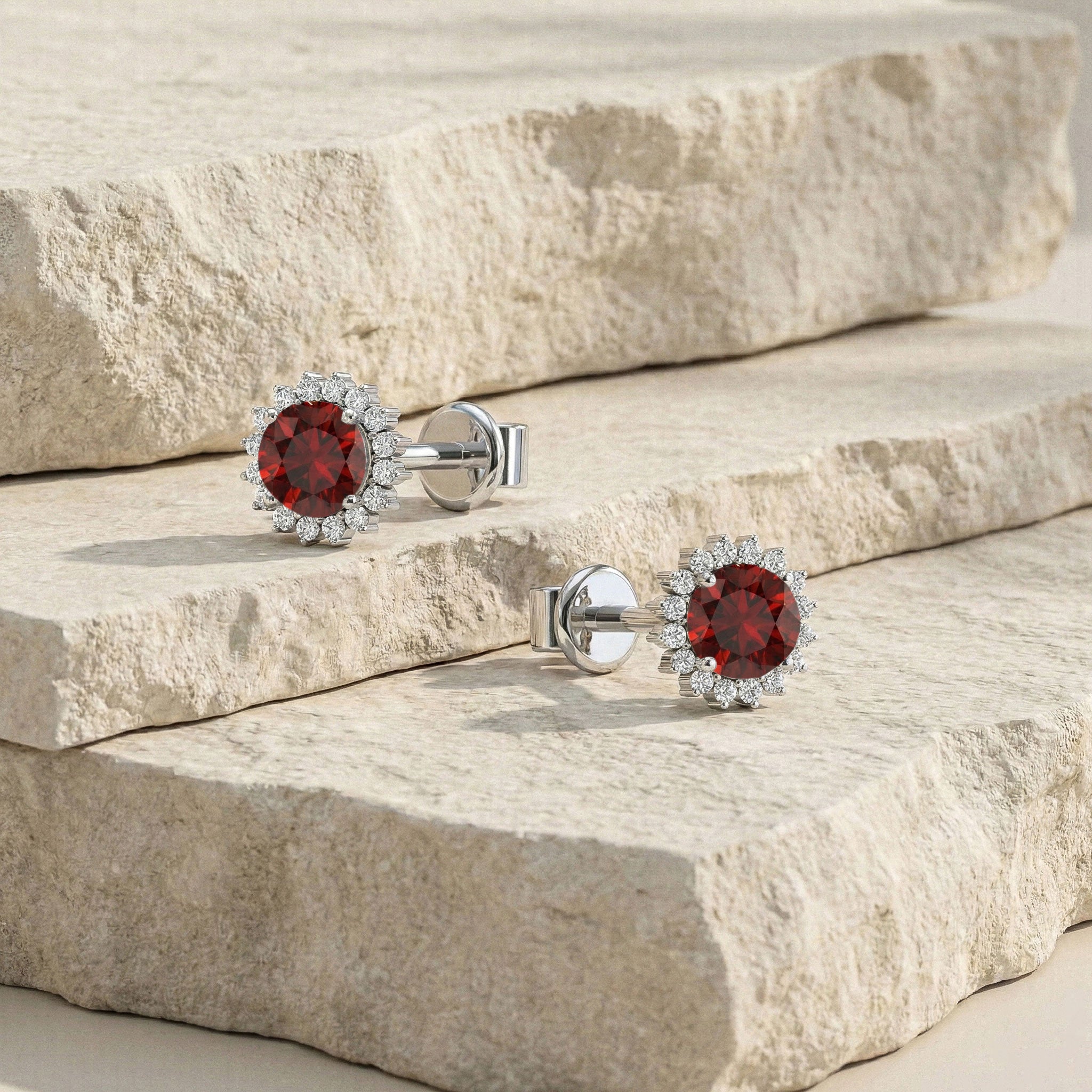 Garnet Round Halo Stud Earrings in 925 Sterling Silver 5 MM 1.3ct