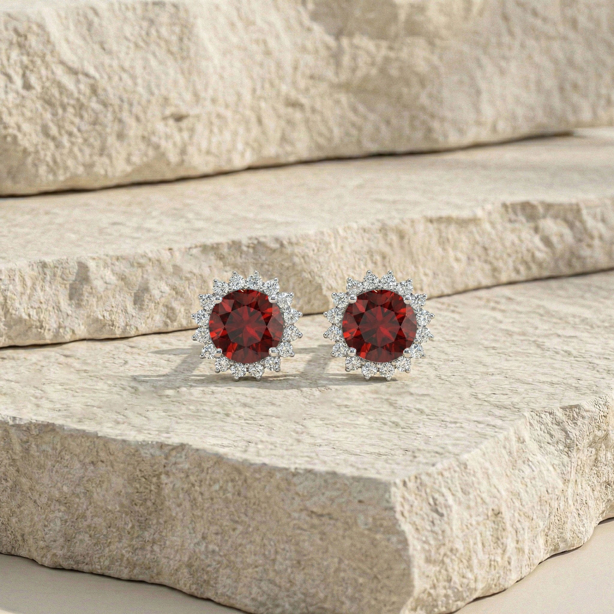 Garnet Round Halo Stud Earrings in 925 Sterling Silver 5 MM 1.3ct
