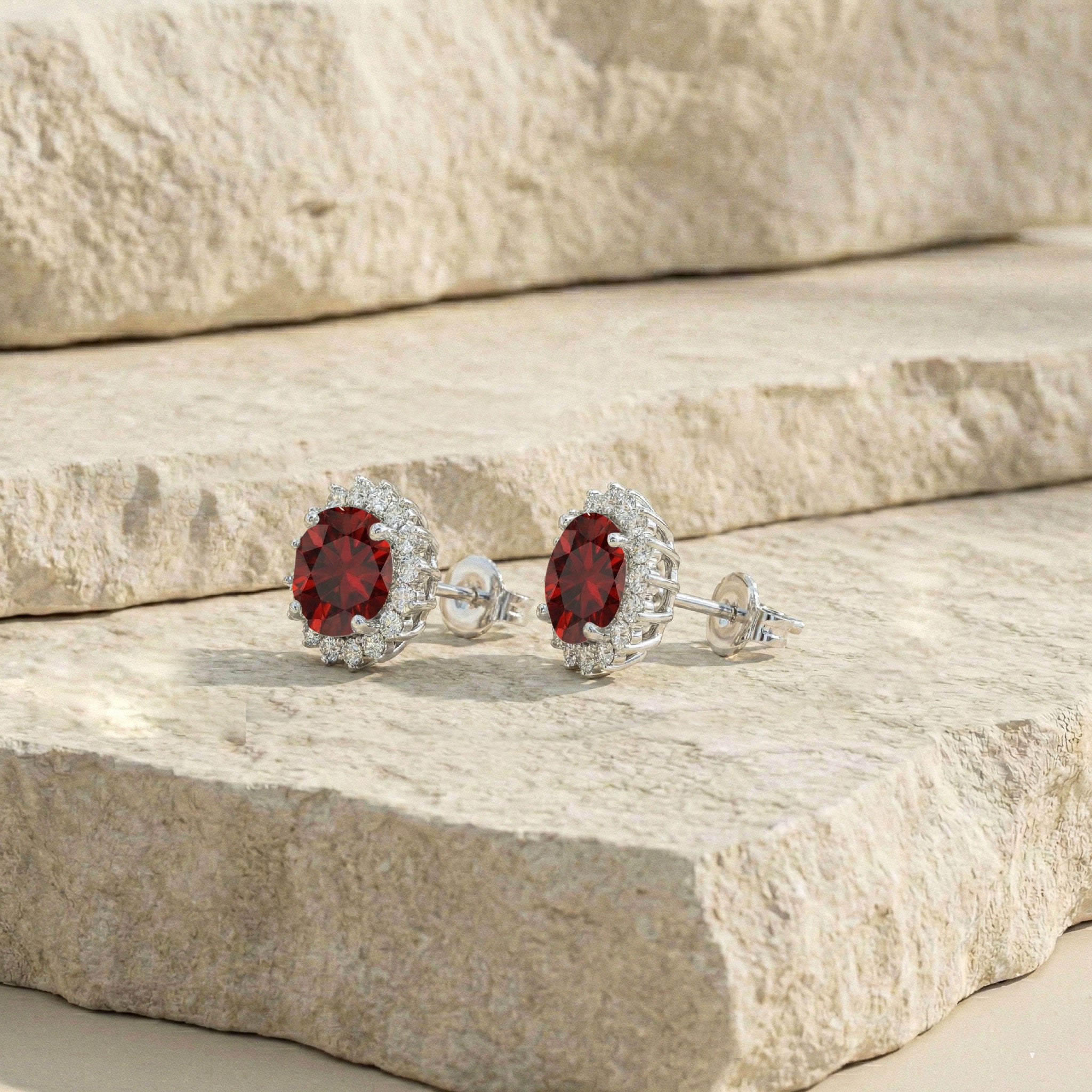 Garnet Round Halo Stud Earrings in 925 Sterling Silver 5 MM 1.3ct