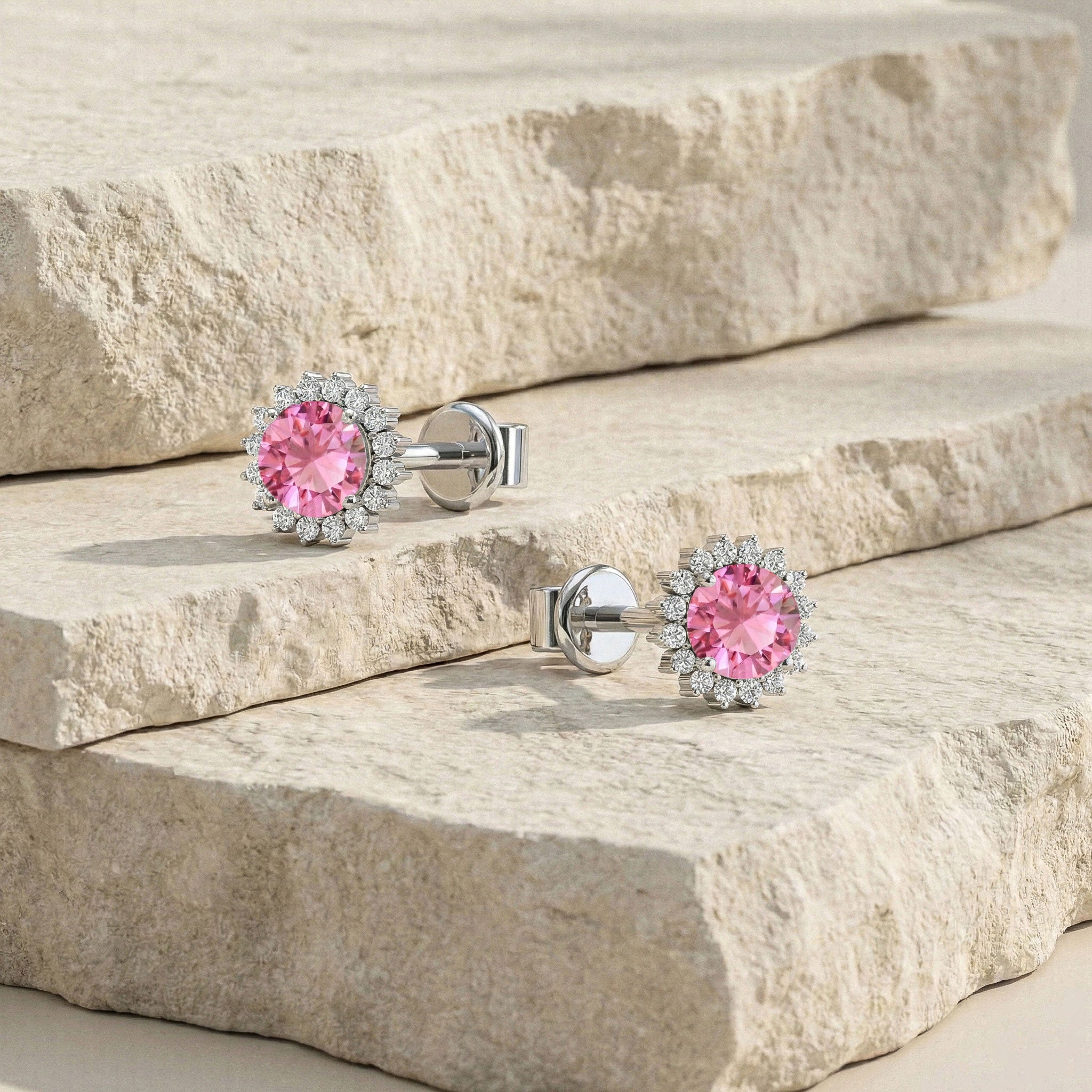 Pink Tourmaline Round Halo Stud Earrings in 925 Sterling Silver 5 MM 1.3ct