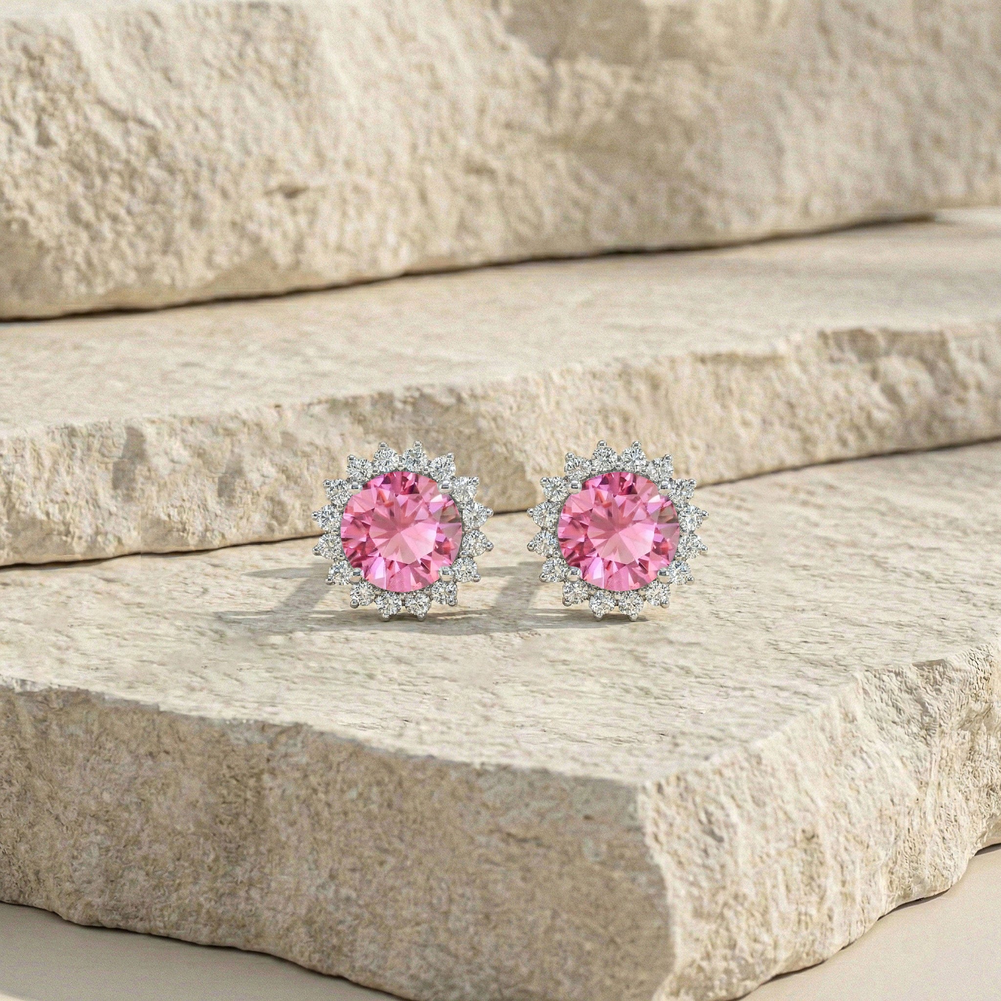 Pink Tourmaline Round Halo Stud Earrings in 925 Sterling Silver 5 MM 1.3ct