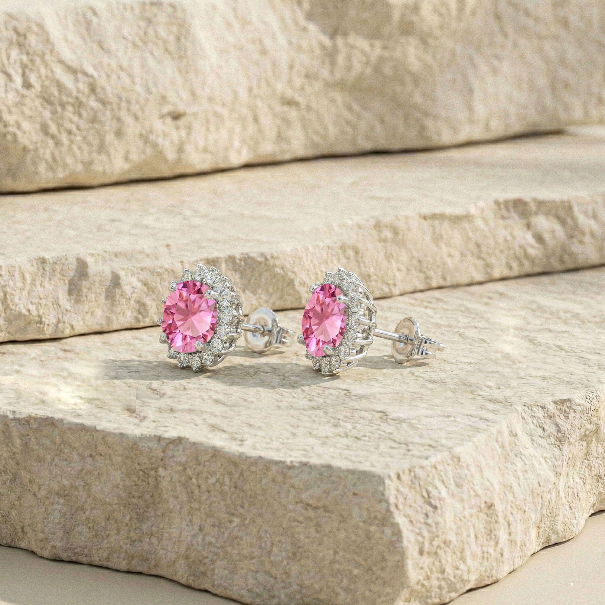 Pink Tourmaline Round Halo Stud Earrings in 925 Sterling Silver 5 MM 1.3ct