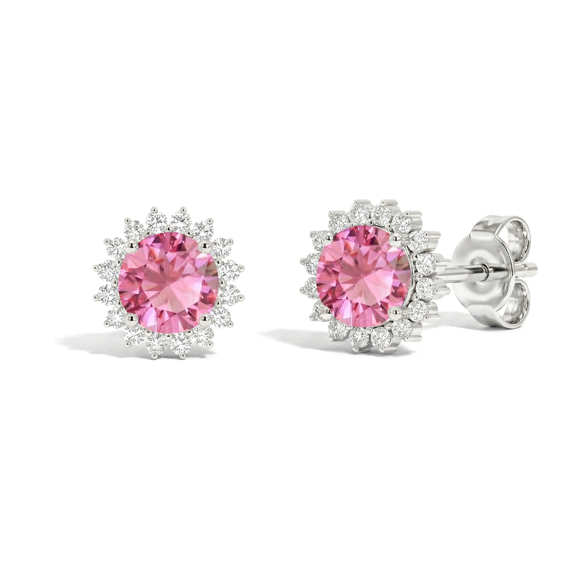 Pink Tourmaline Round Halo Stud Earrings in 925 Sterling Silver 5 MM 1.3ct
