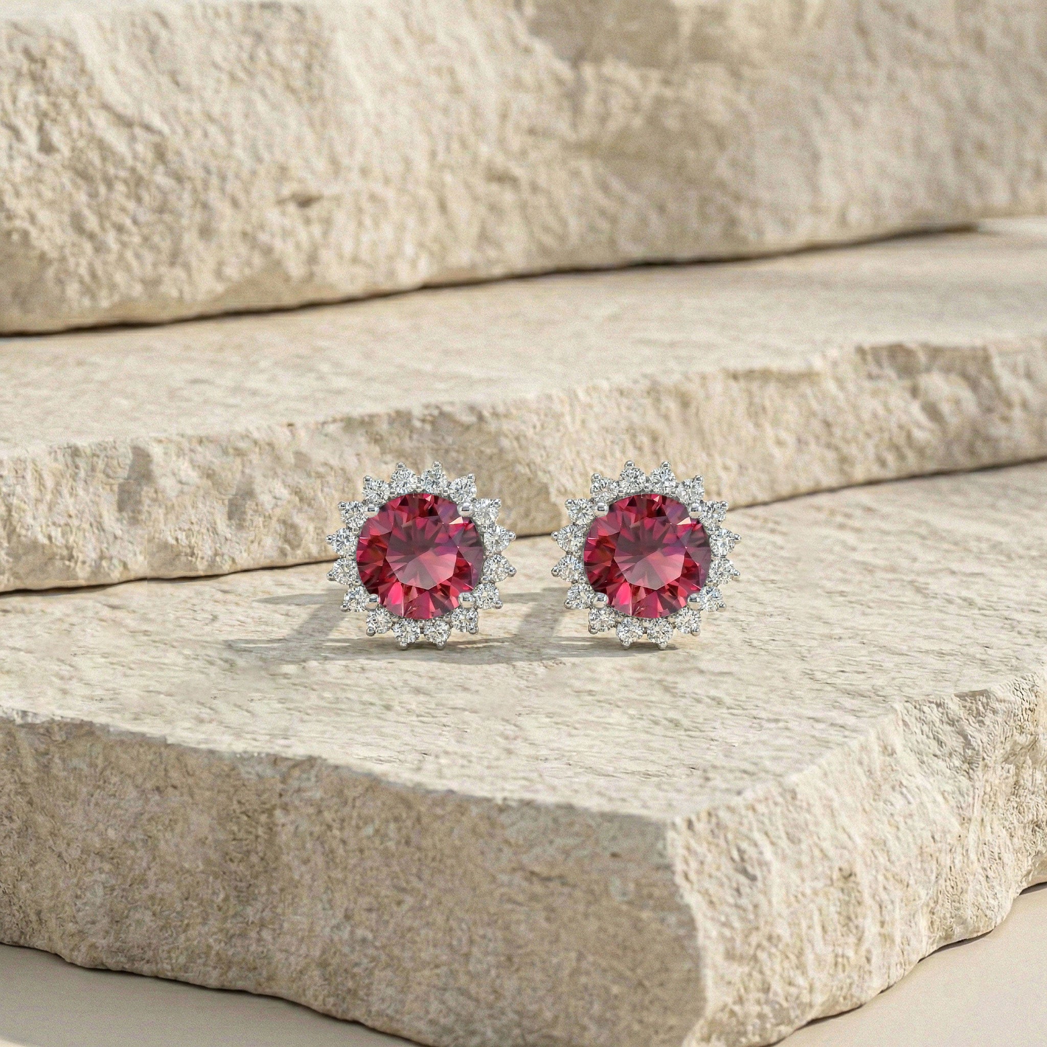 Ruby Round Halo Stud Earrings in 925 Sterling Silver 5 MM 1.3ct
