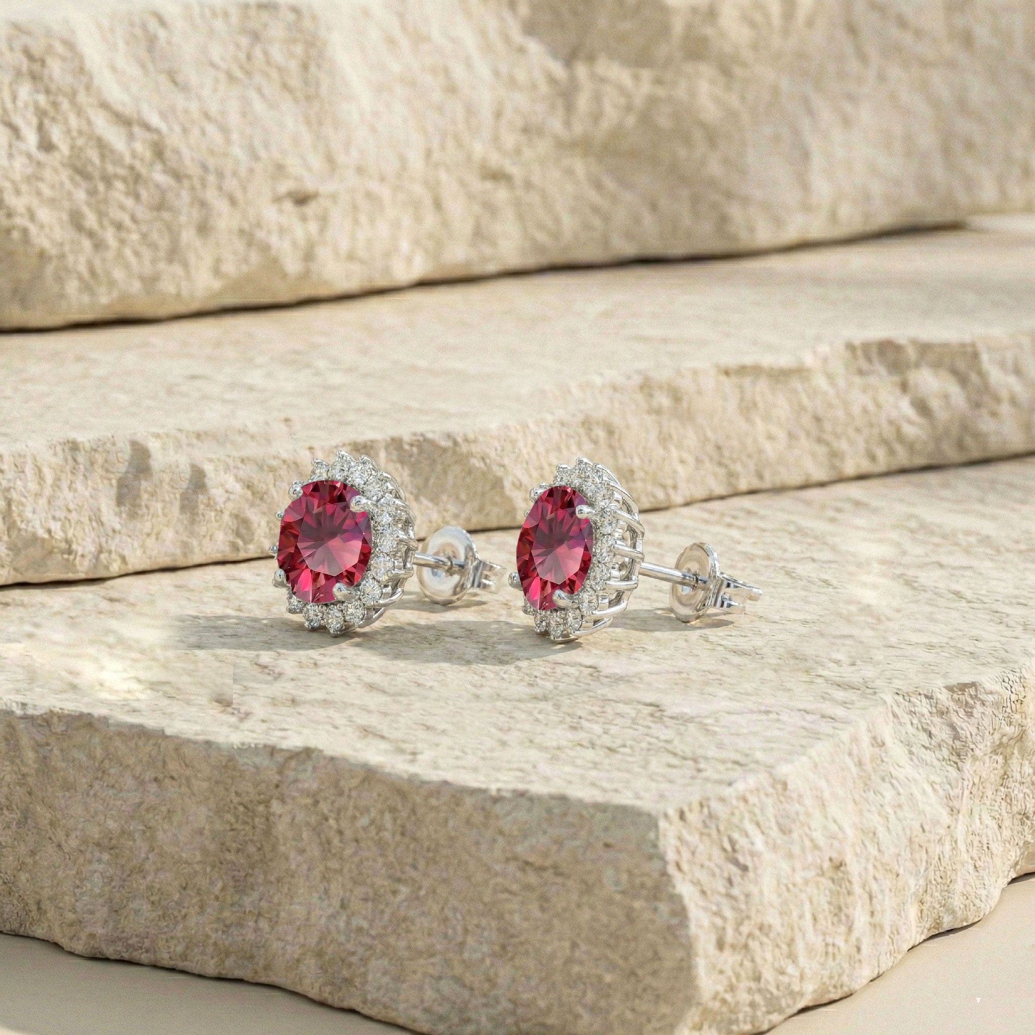 Ruby Round Halo Stud Earrings in 925 Sterling Silver 5 MM 1.3ct