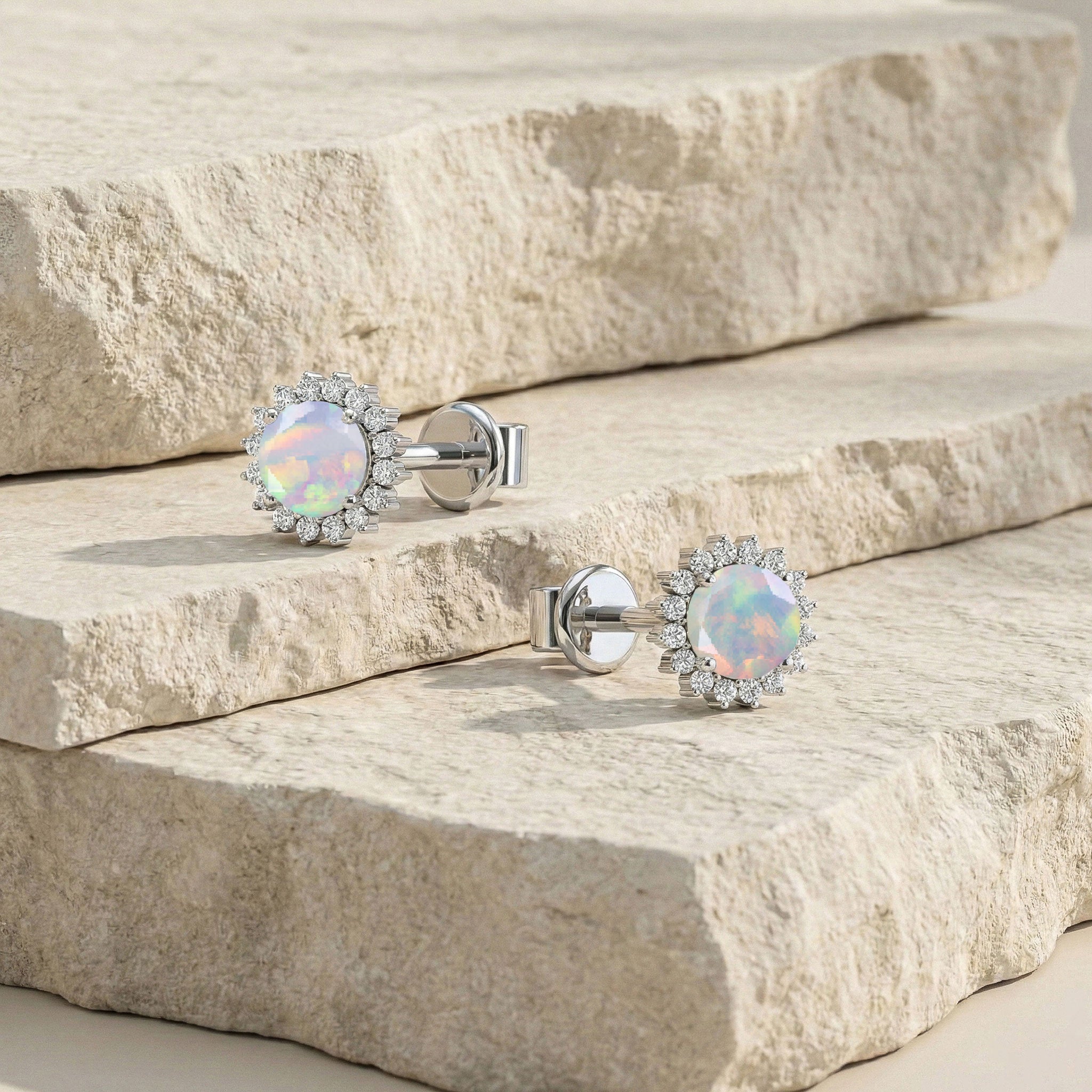 White Opal Round Halo Stud Earrings in 925 Sterling Silver 5 MM 1.3ct