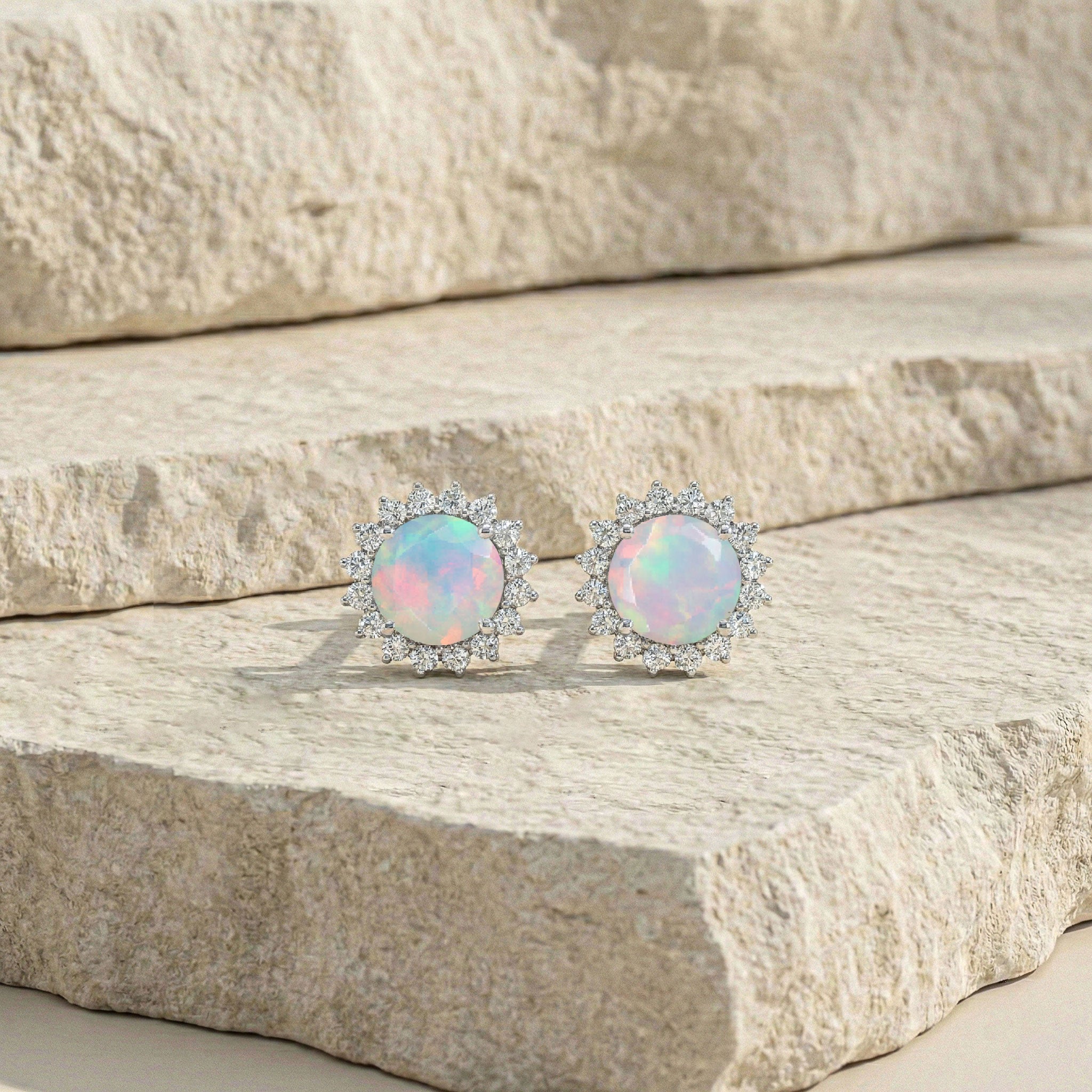 White Opal Round Halo Stud Earrings in 925 Sterling Silver 5 MM 1.3ct