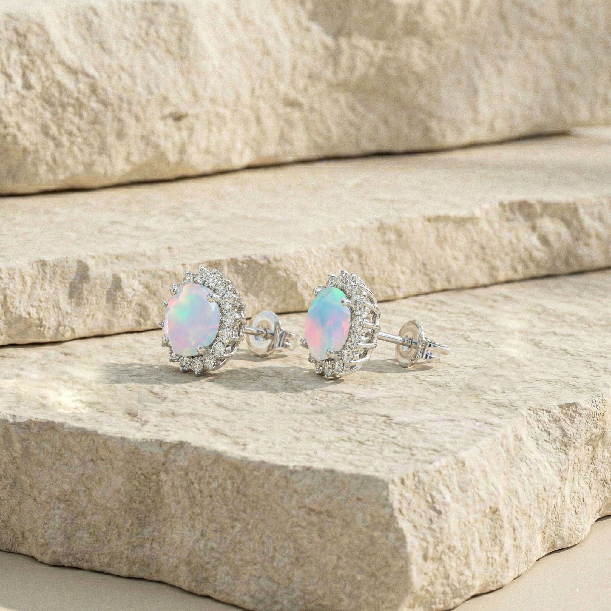 White Opal Round Halo Stud Earrings in 925 Sterling Silver 5 MM 1.3ct