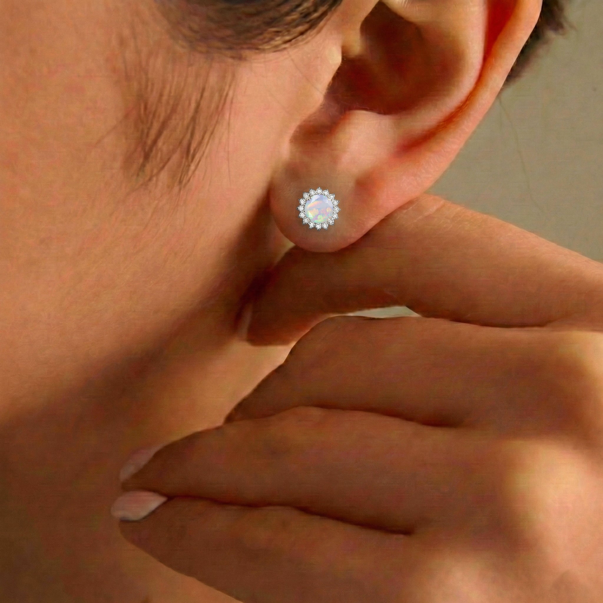 White Opal Round Halo Stud Earrings in 925 Sterling Silver 5 MM 1.3ct