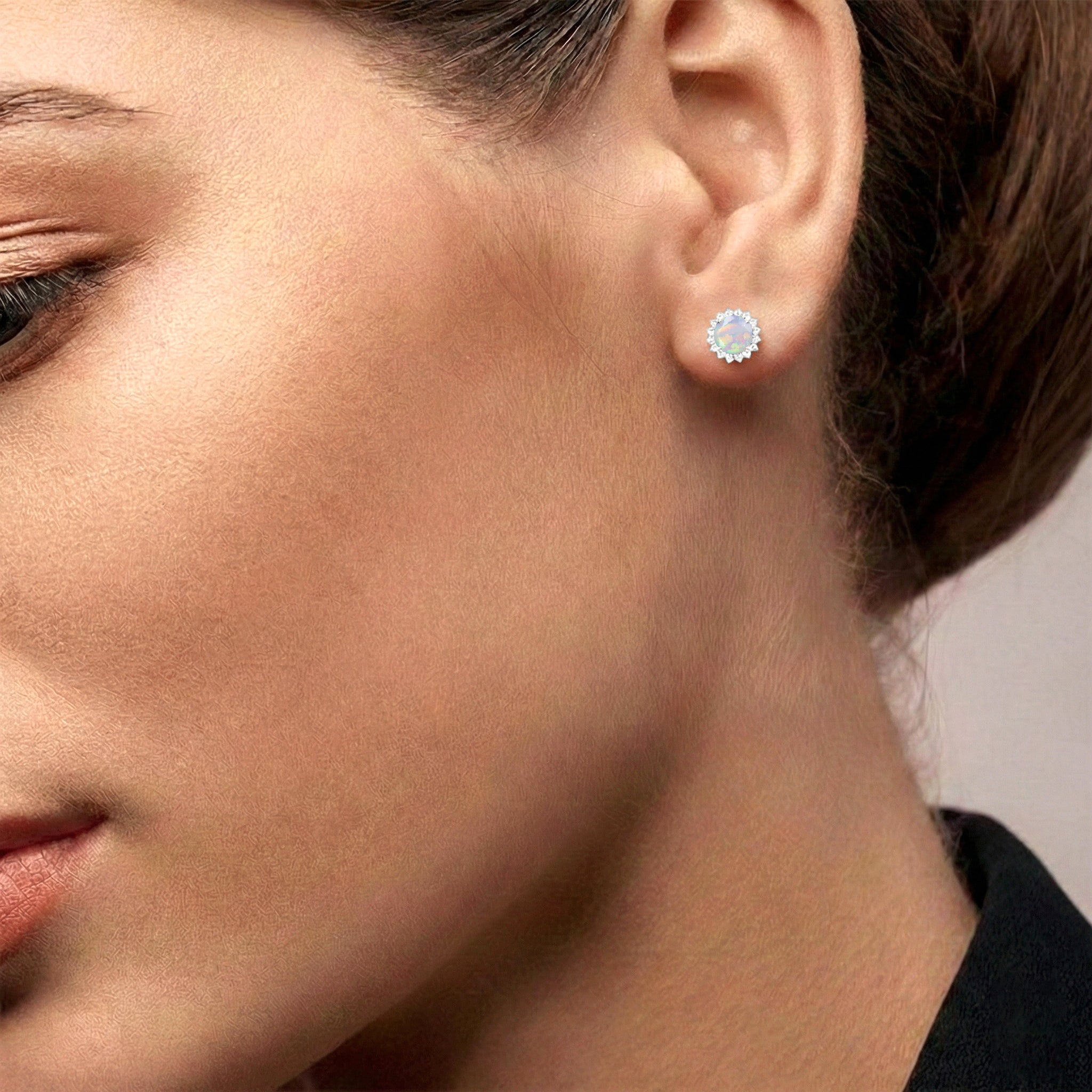 White Opal Round Halo Stud Earrings in 925 Sterling Silver 5 MM 1.3ct
