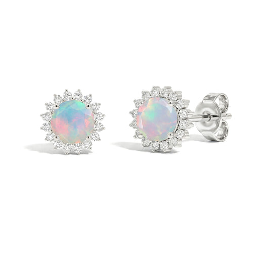 White Opal Round Halo Stud Earrings in 925 Sterling Silver 5 MM 1.3ct