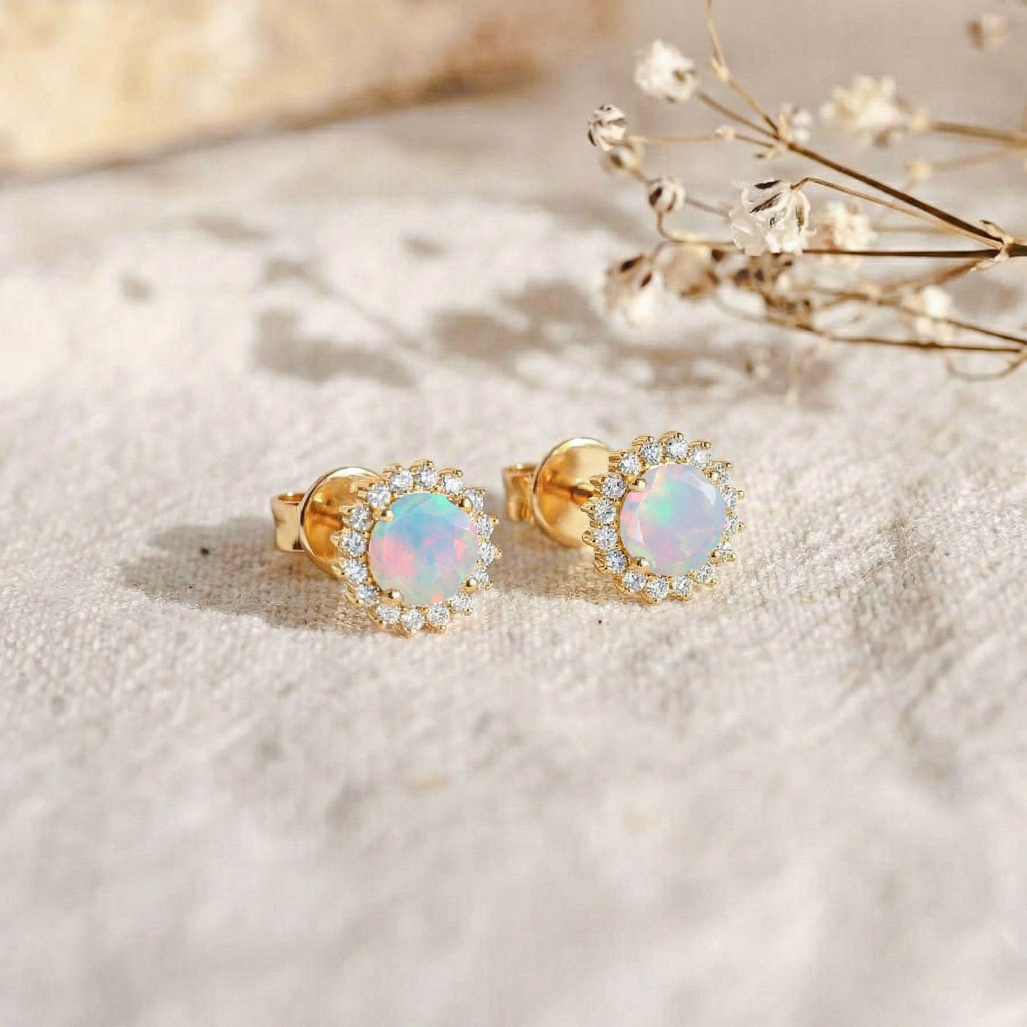 White Opal Round Halo Stud Earrings in Yellow Gold Plated 5 MM 1.3ct