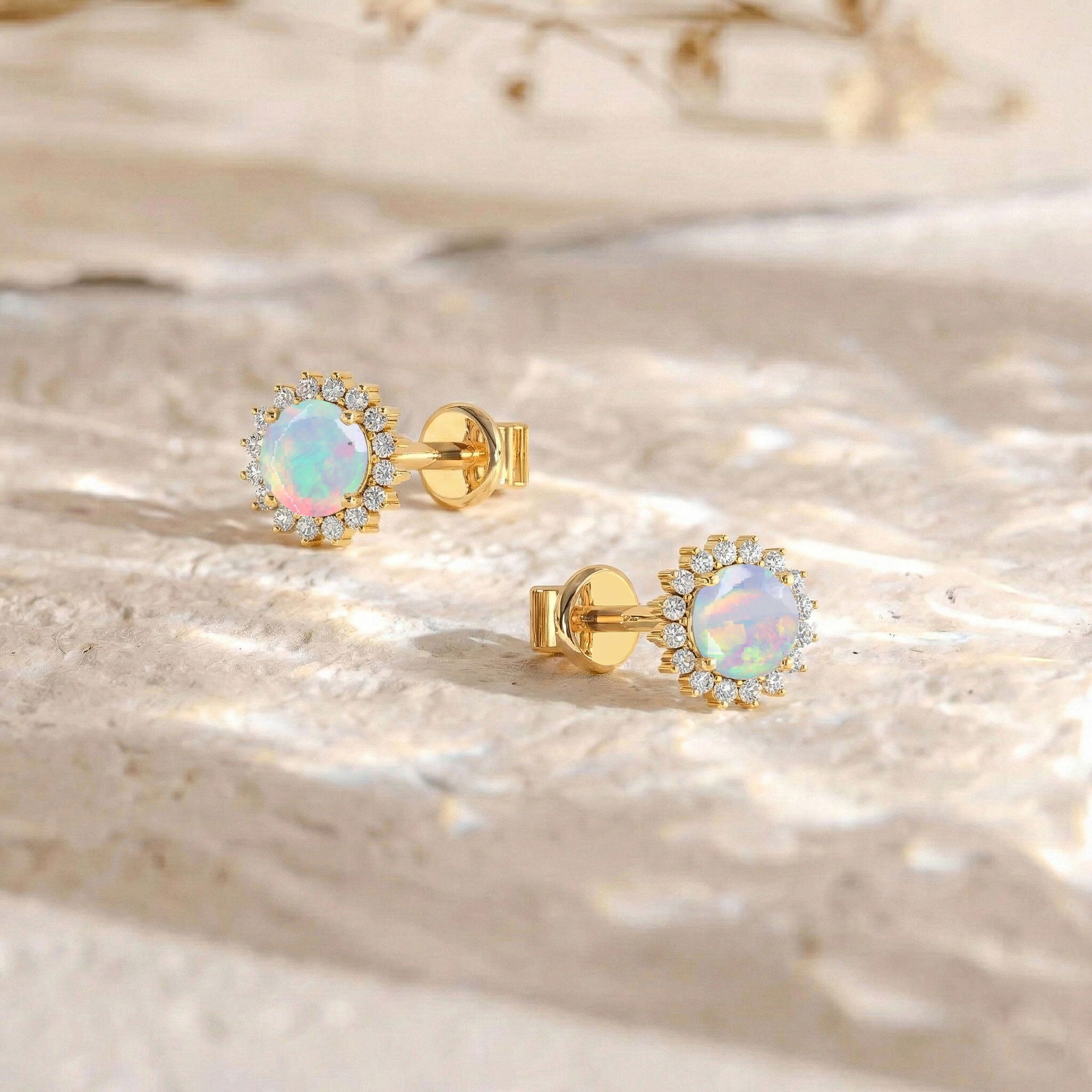 White Opal Round Halo Stud Earrings in Yellow Gold Plated 5 MM 1.3ct