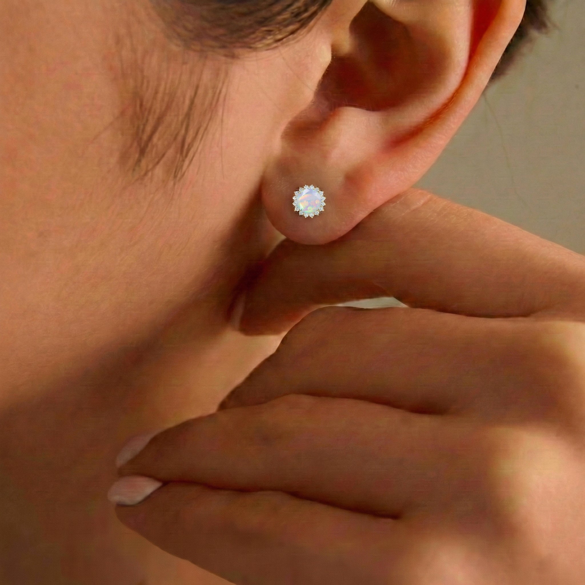 White Opal Round Halo Stud Earrings in Yellow Gold Plated 5 MM 1.3ct