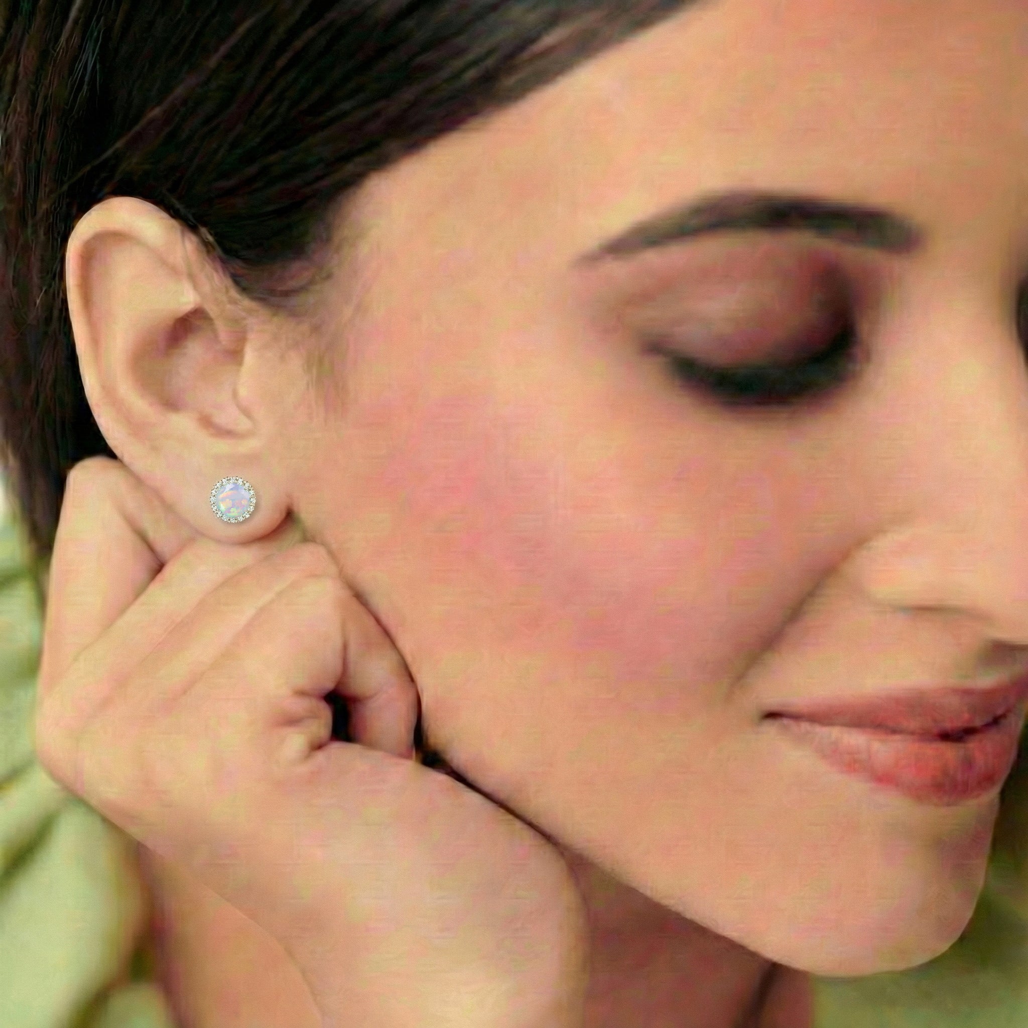 White Opal Round Halo Stud Earrings in Yellow Gold Plated 5 MM 1.3ct