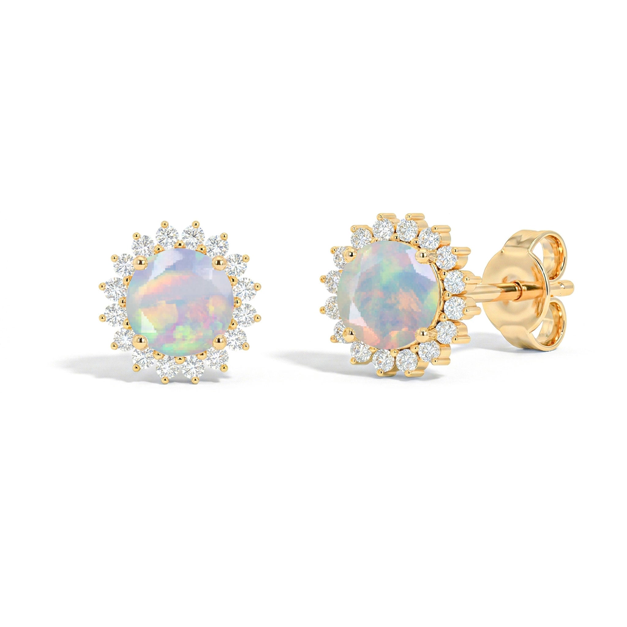 White Opal Round Halo Stud Earrings in Yellow Gold Plated 5 MM 1.3ct