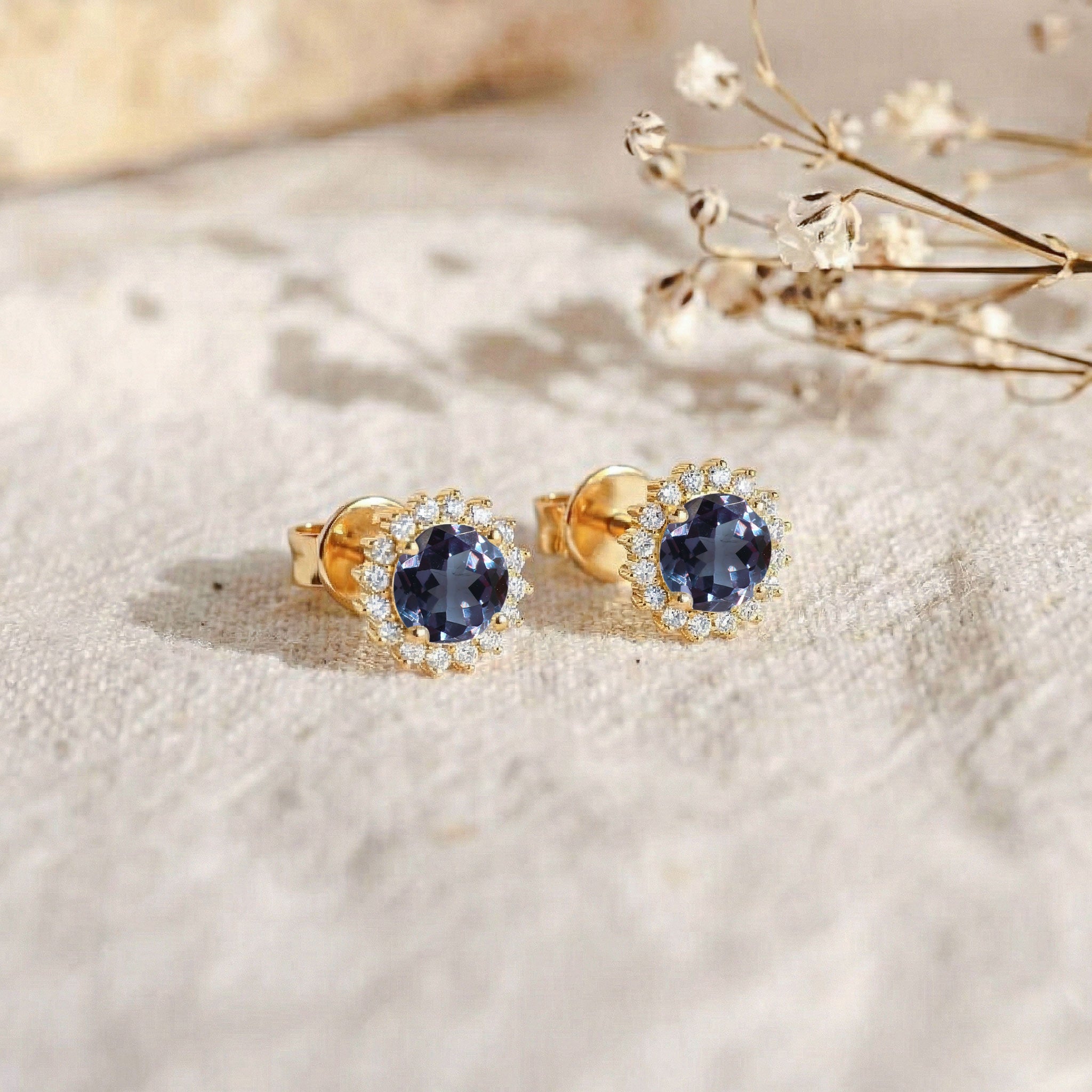 Alexandrite Round Halo Stud Earrings in Yellow Gold Plated 5 MM 1.3ct