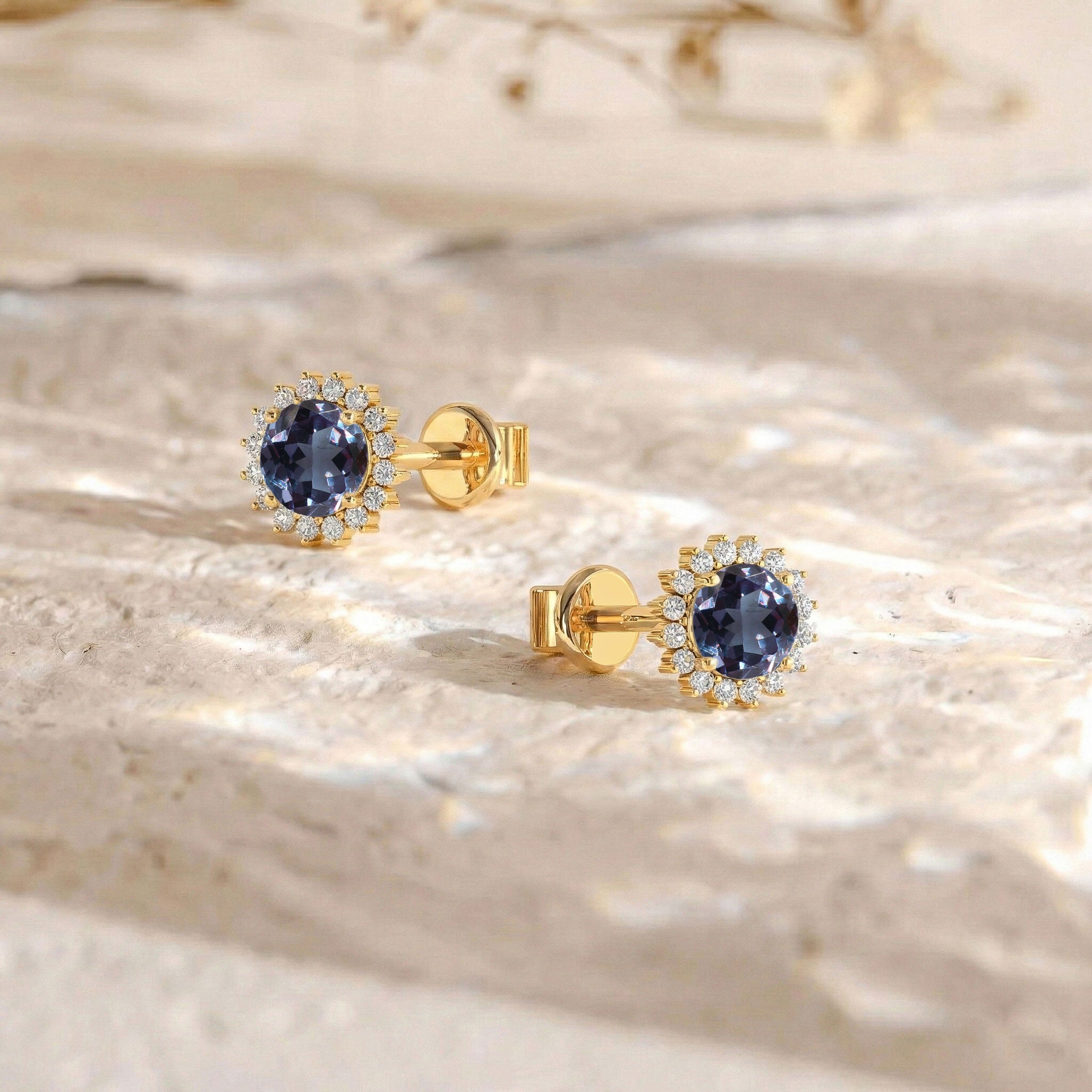 Alexandrite Round Halo Stud Earrings in Yellow Gold Plated 5 MM 1.3ct