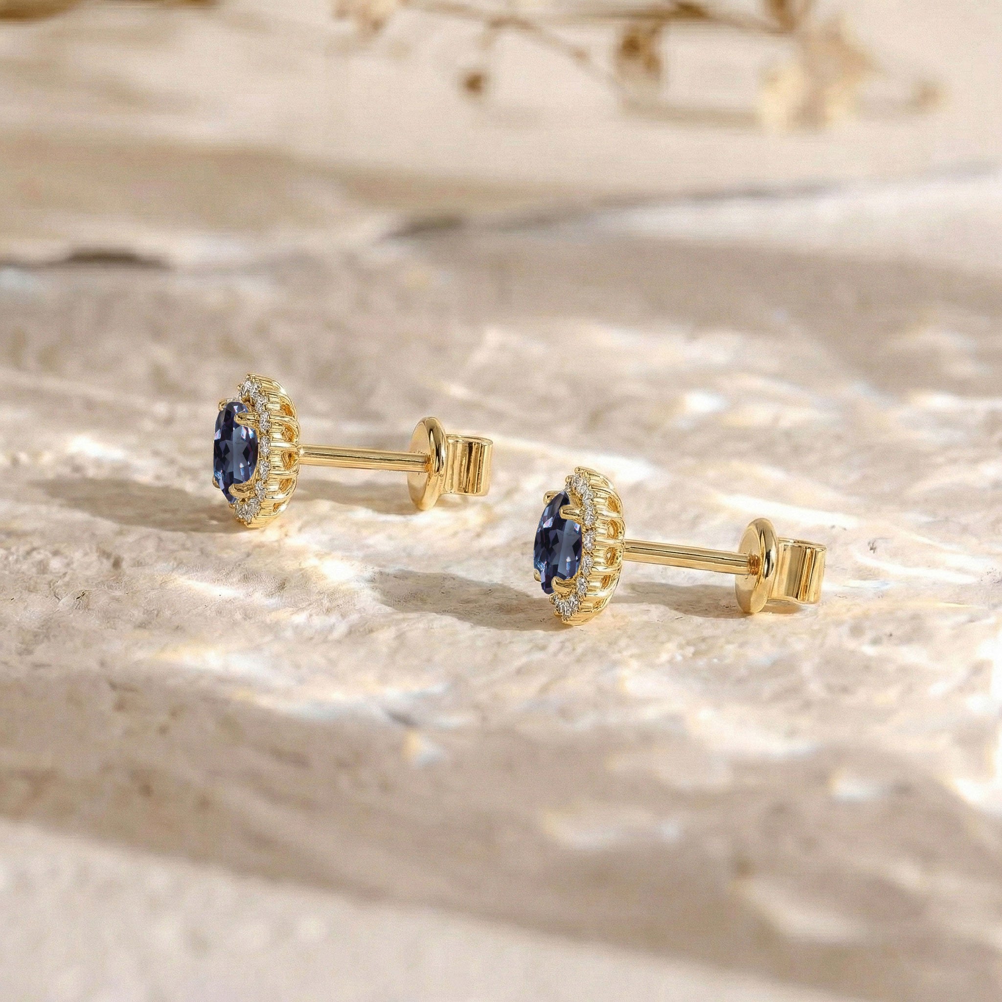 Alexandrite Round Halo Stud Earrings in Yellow Gold Plated 5 MM 1.3ct