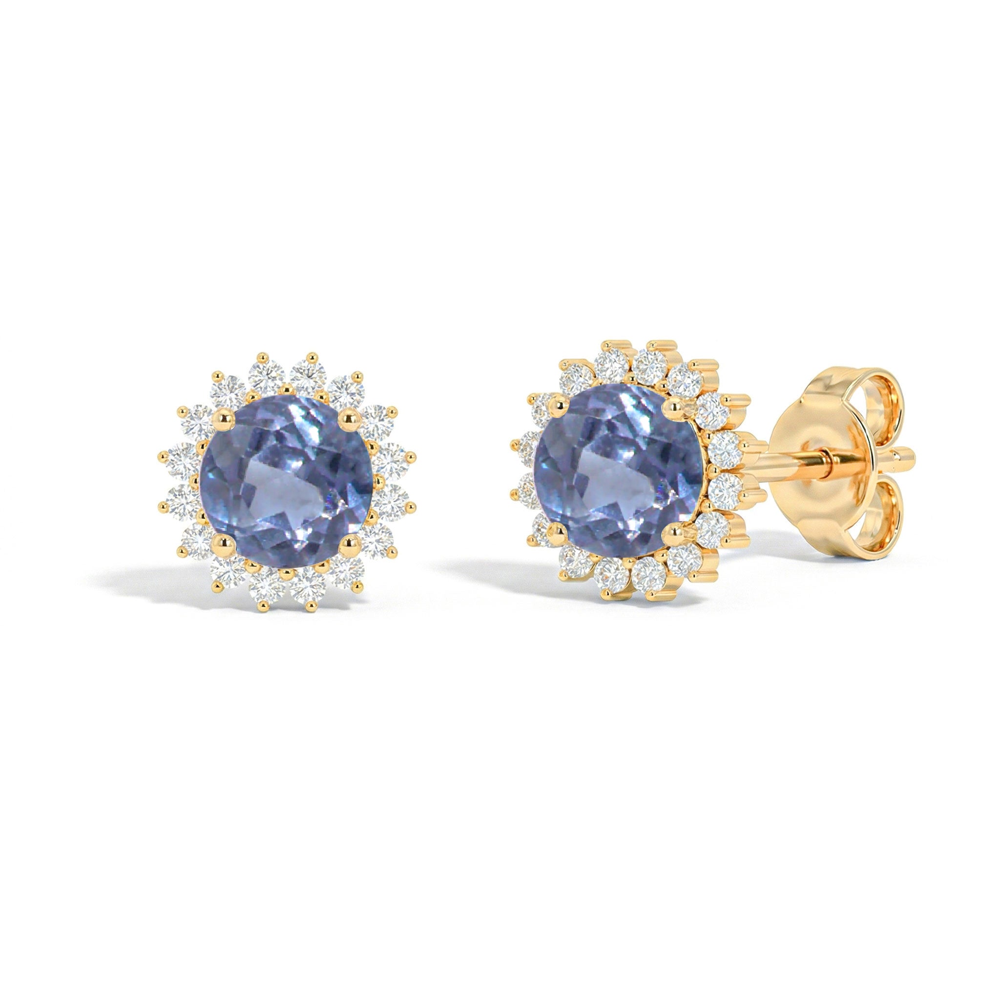 Alexandrite Round Halo Stud Earrings in 925 Sterling Silver 5 MM 1.3ct