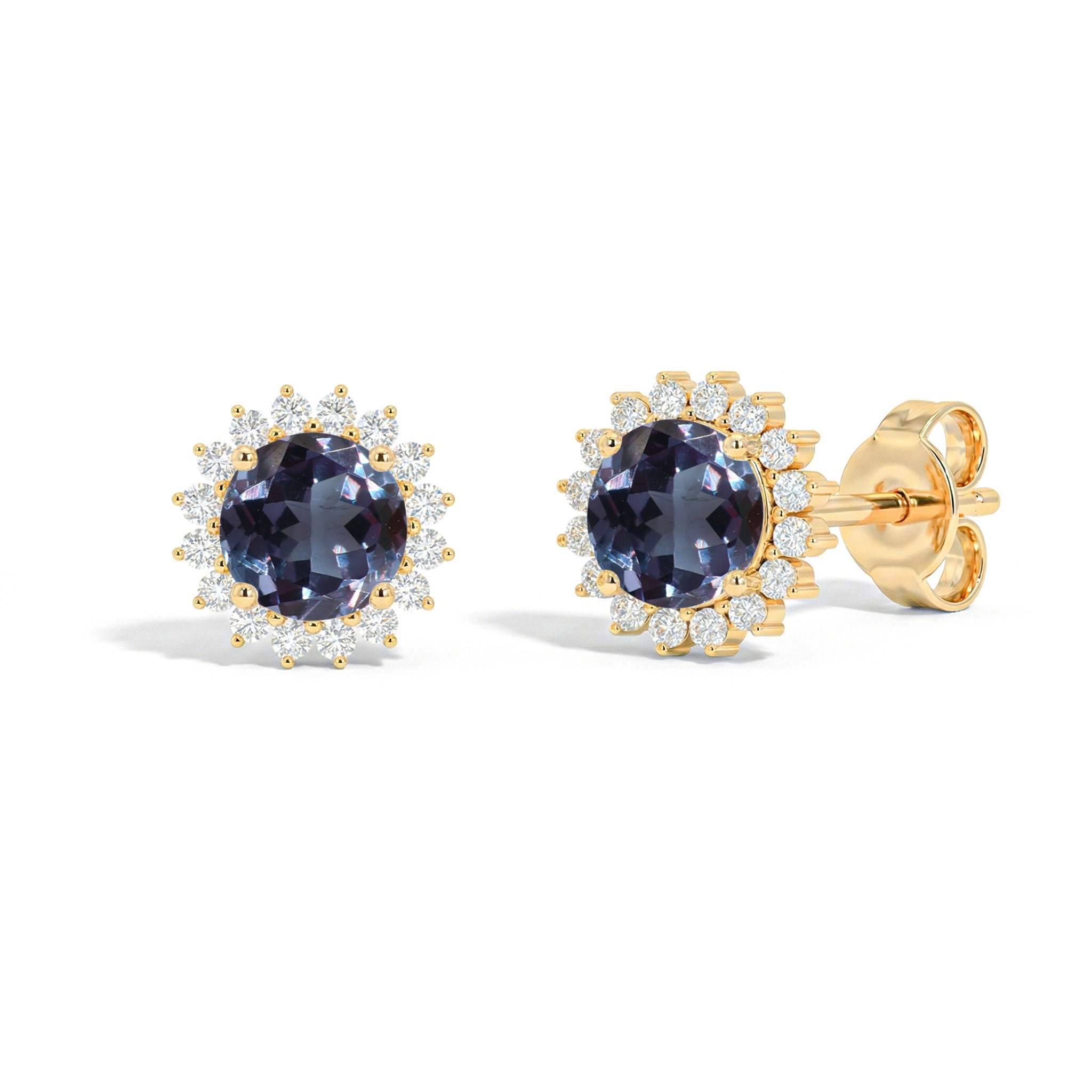 Alexandrite Round Halo Stud Earrings in Yellow Gold Plated 5 MM 1.3ct