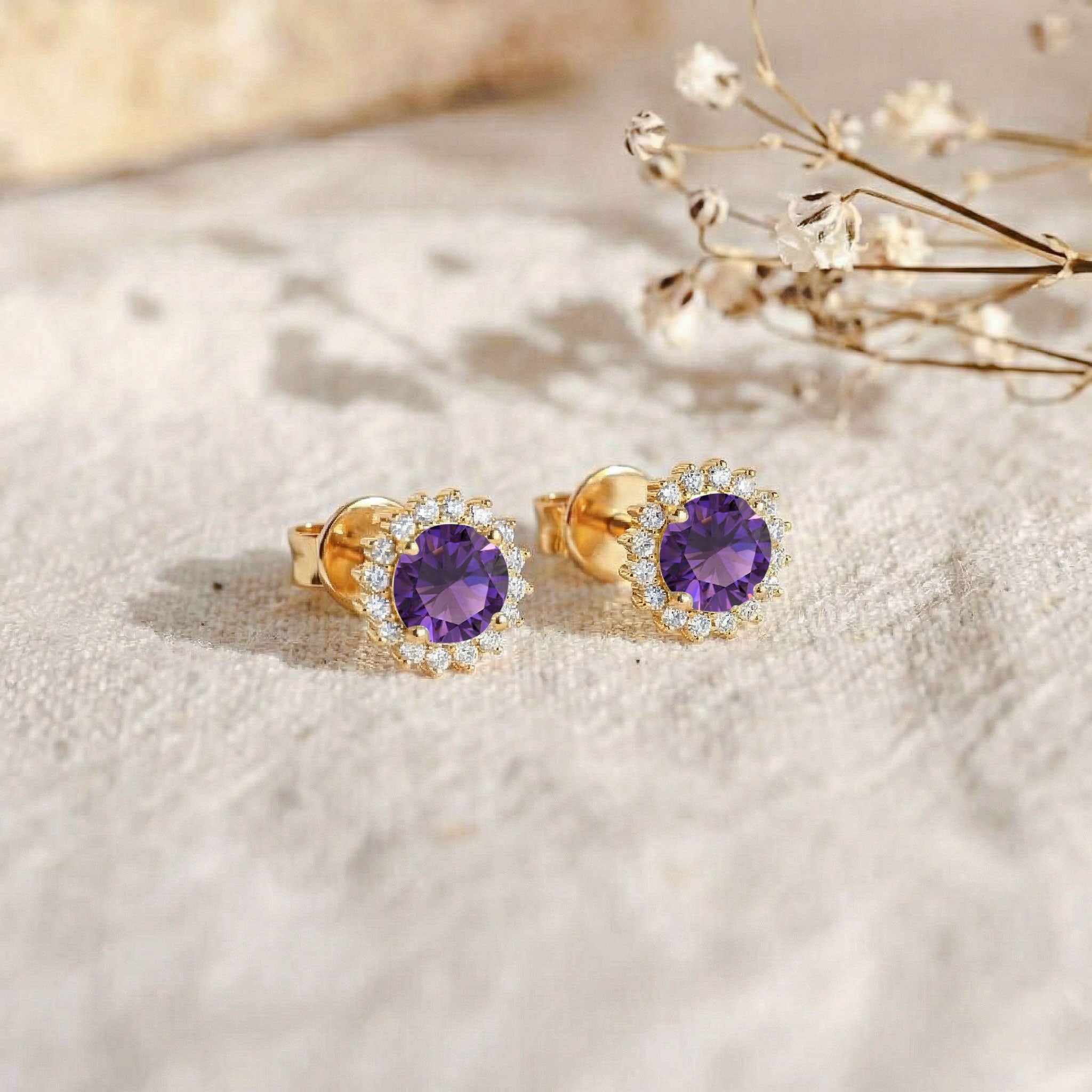 Amethyst Round Halo Stud Earrings in Yellow Gold Plated 5 MM 1.3ct