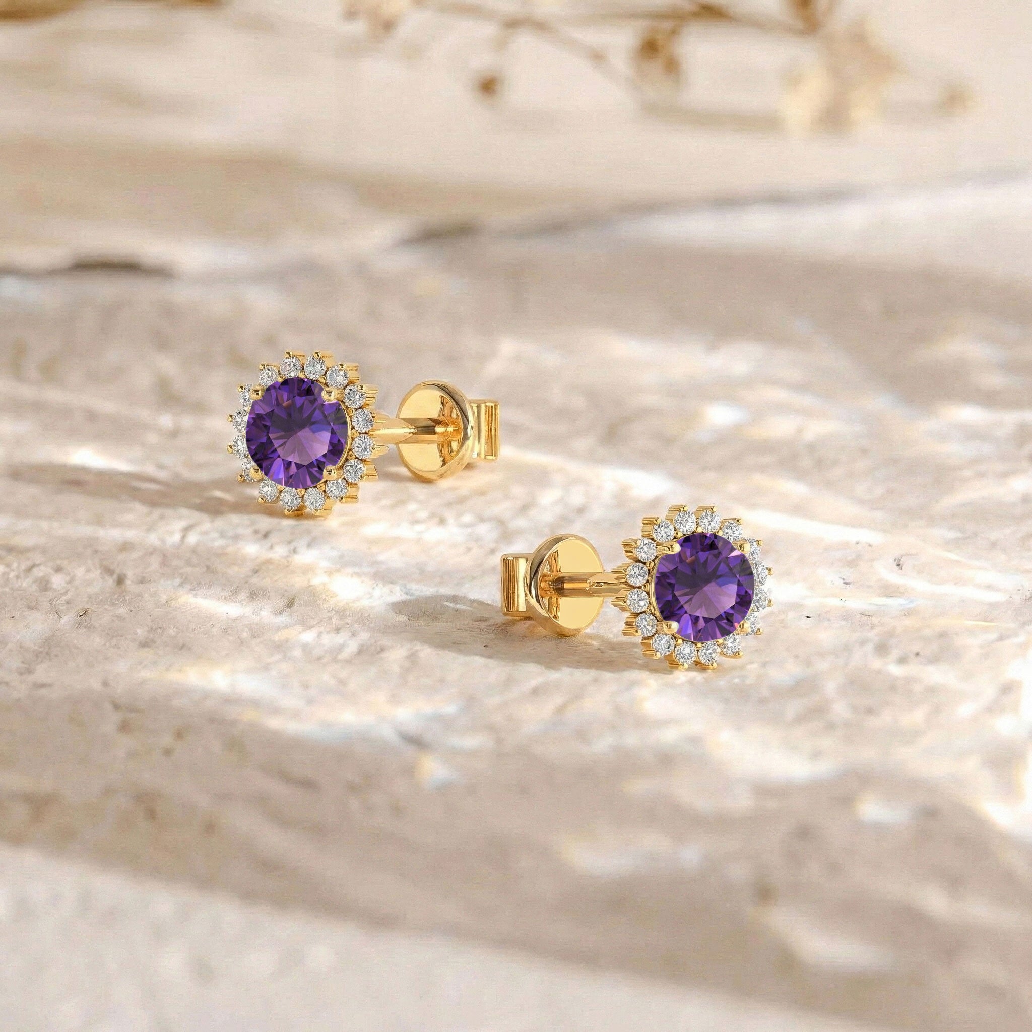Amethyst Round Halo Stud Earrings in 925 Sterling Silver 5 MM 1.3ct