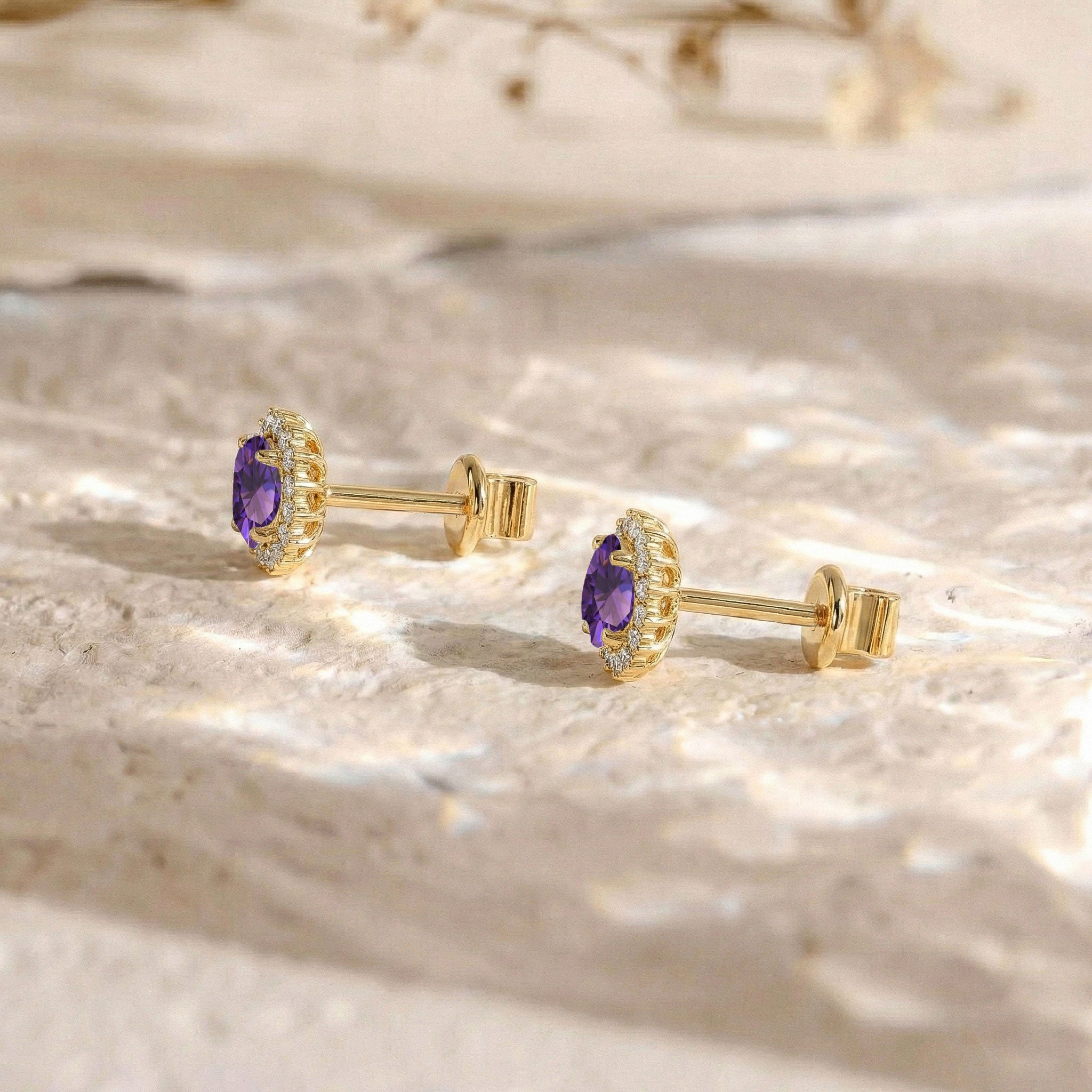 Amethyst Round Halo Stud Earrings in Yellow Gold Plated 5 MM 1.3ct