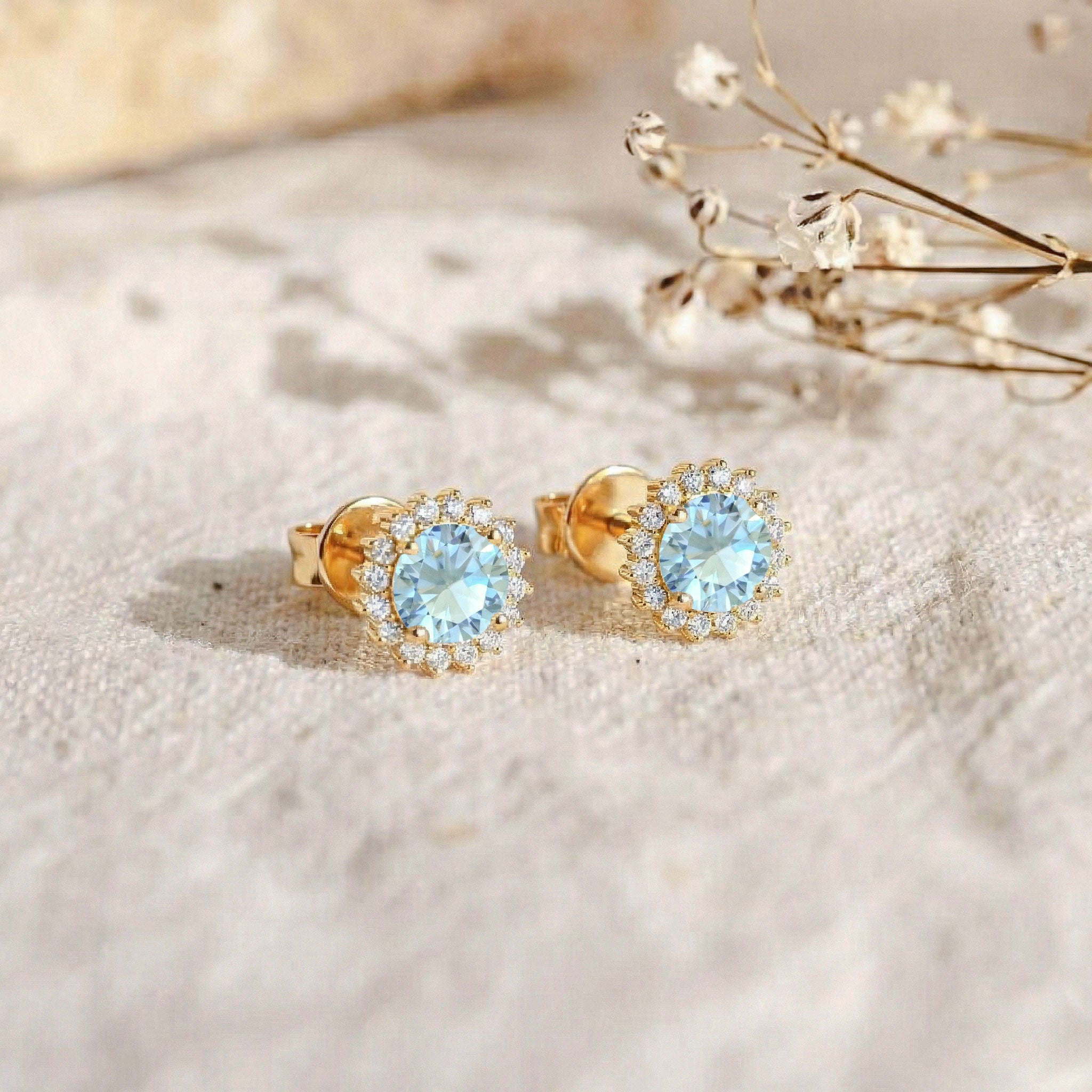 Aquamarine Round Halo Stud Earrings in Yellow Gold Plated 5 MM 1.3ct