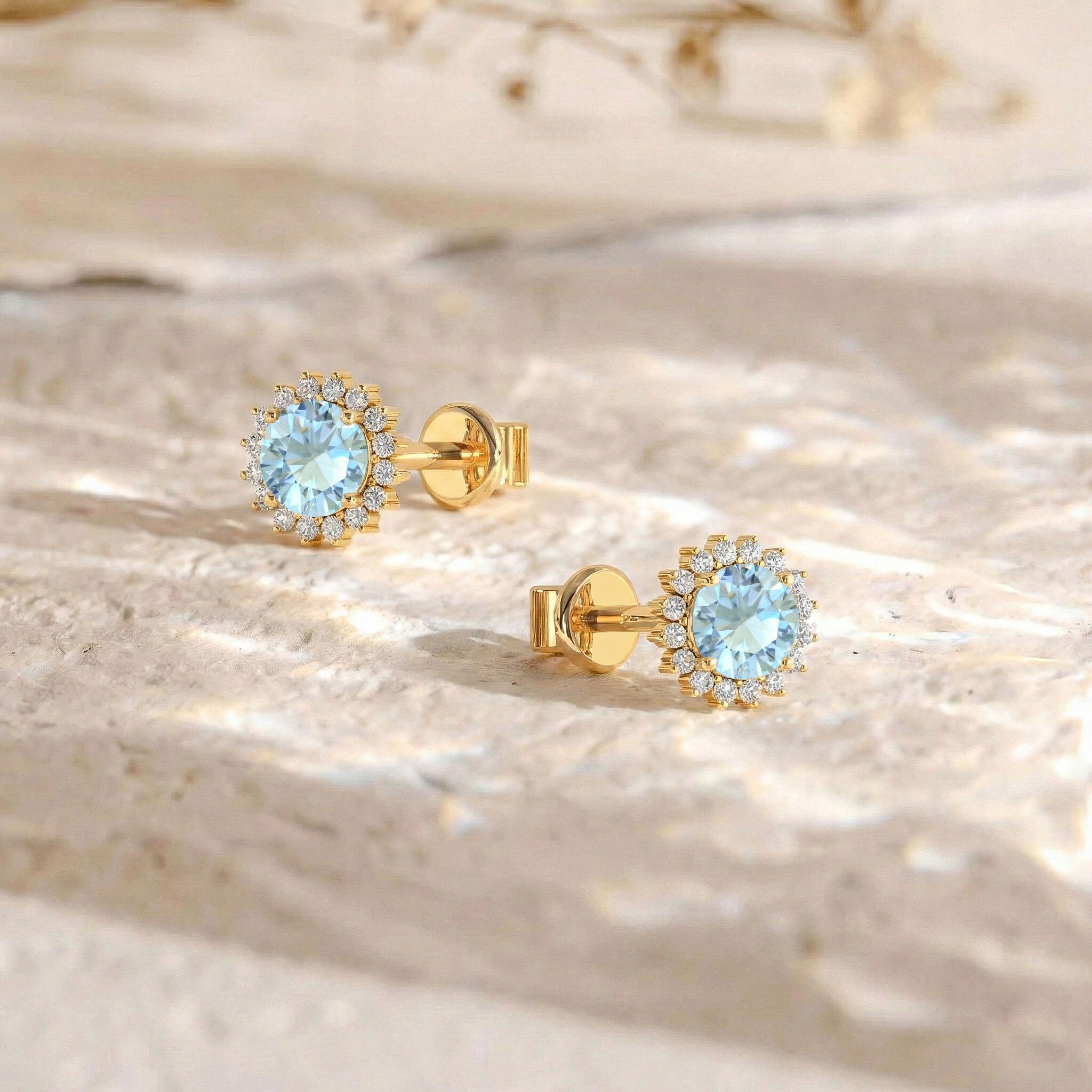 Aquamarine Round Halo Stud Earrings in Yellow Gold Plated 5 MM 1.3ct